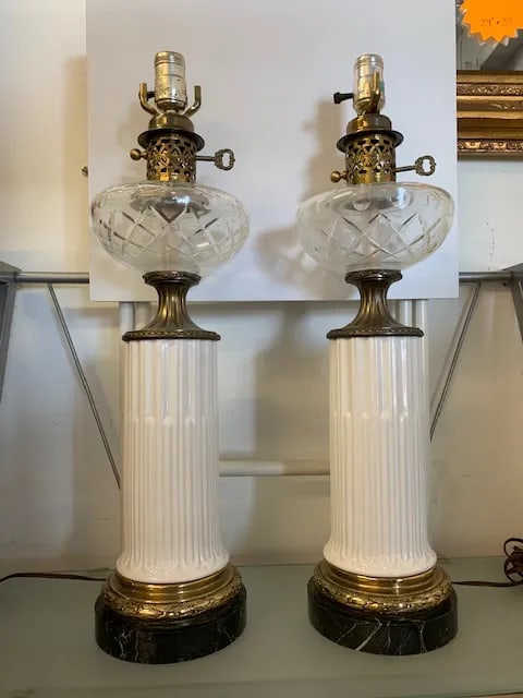 Vintage White Column With Brass & Black Marble Base Lamps - A Pair - 13