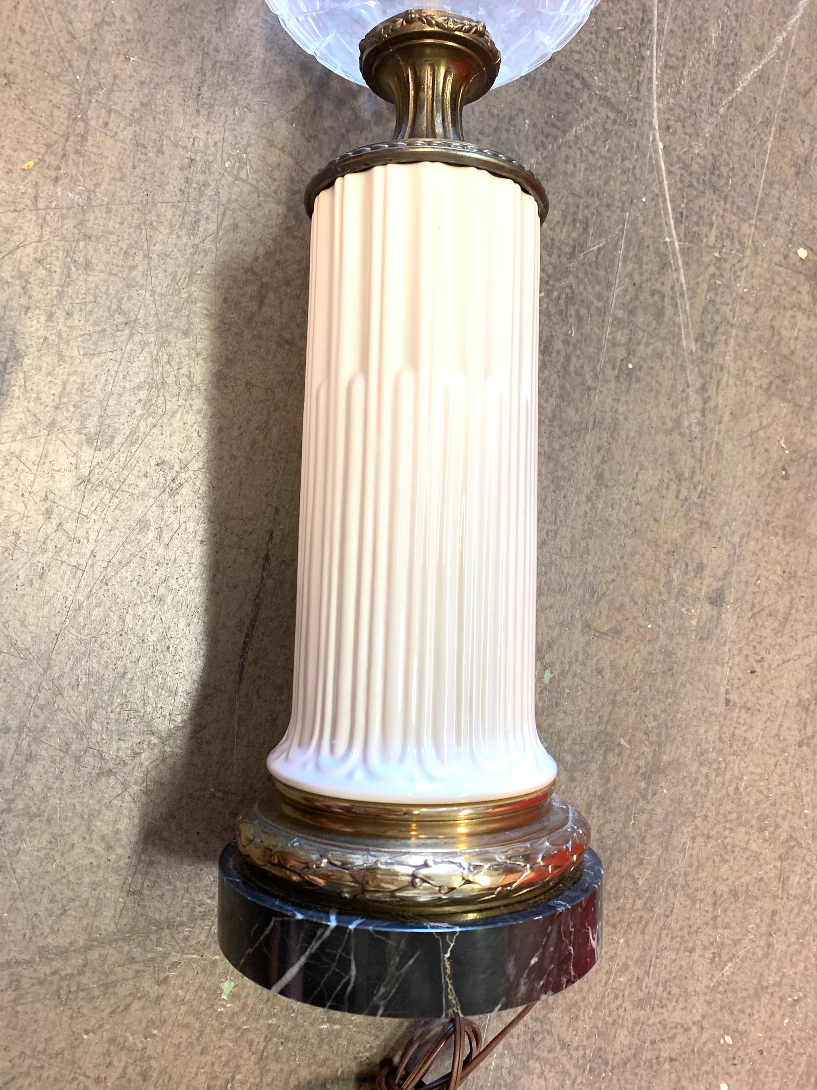 Vintage White Column With Brass & Black Marble Base Lamps - A Pair - 5