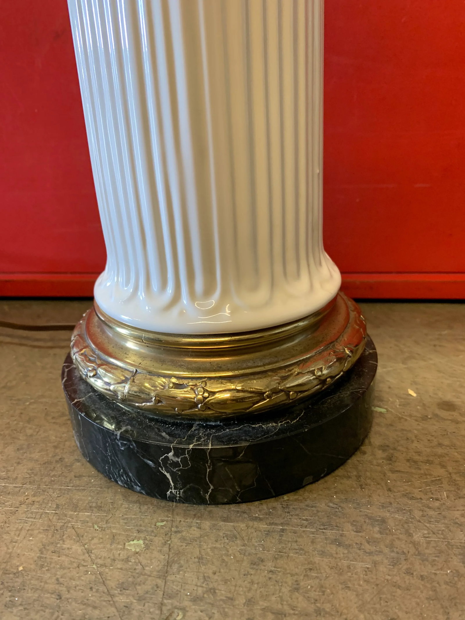 Vintage White Column With Brass & Black Marble Base Lamps - A Pair - 7