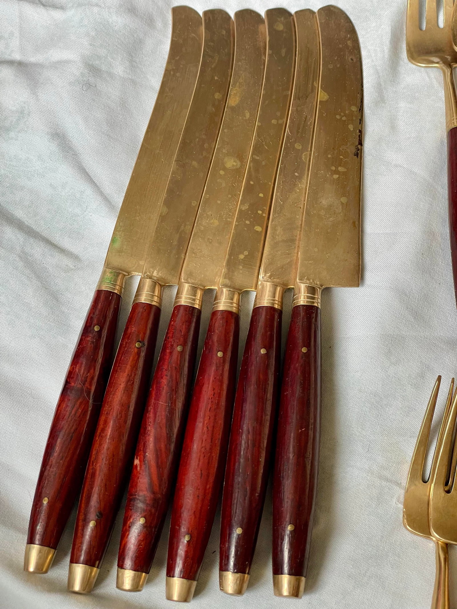 Mid 20th Century Brass & Rosewood Flatware Set for 6 Knives Forks Spoons 24 PCS Silverware - 10