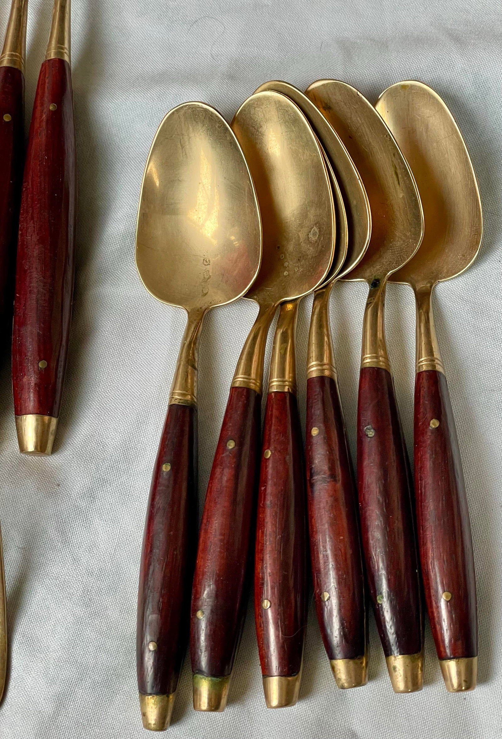 Mid 20th Century Brass & Rosewood Flatware Set for 6 Knives Forks Spoons 24 PCS Silverware - 4