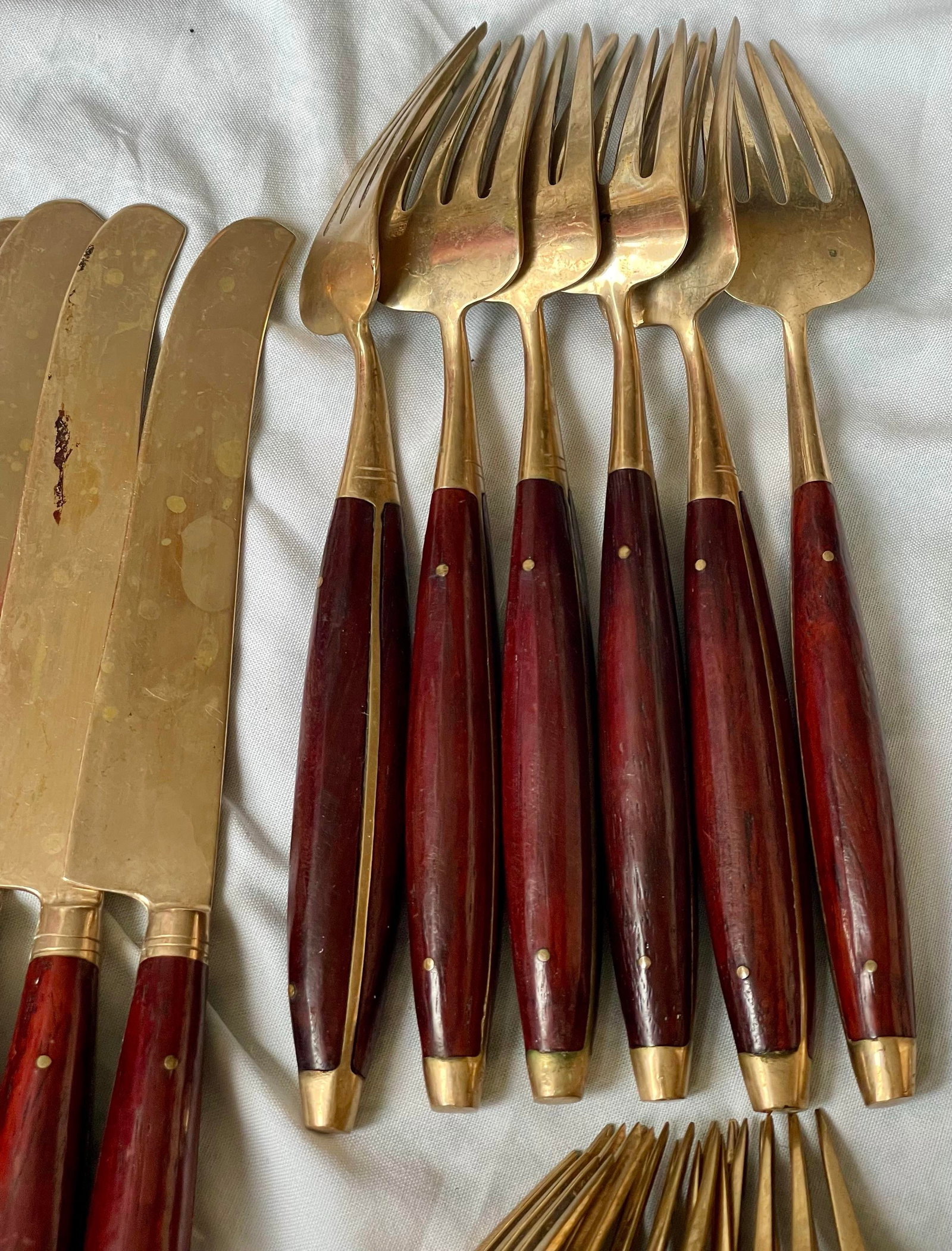 Mid 20th Century Brass & Rosewood Flatware Set for 6 Knives Forks Spoons 24 PCS Silverware - 6