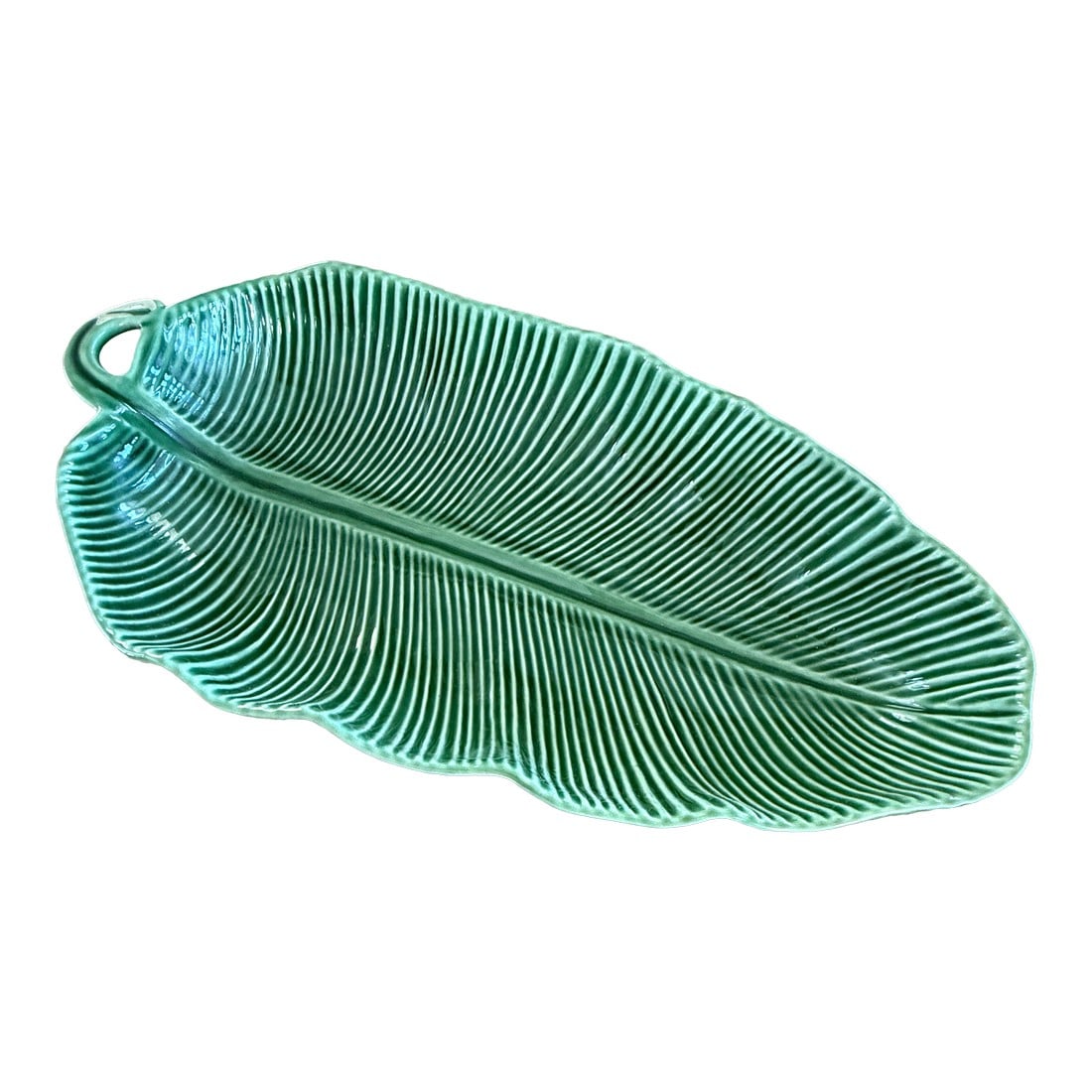 Large Vintage Bordallo Pinheiro Leaf Bowl: Large banana leaf bowl by Bordallo Pinheiro of Portugal. It's in a rich green and really makes a statement! Condition: Alterations: Original Condition Unaltered Imperfections: Some Imperfections