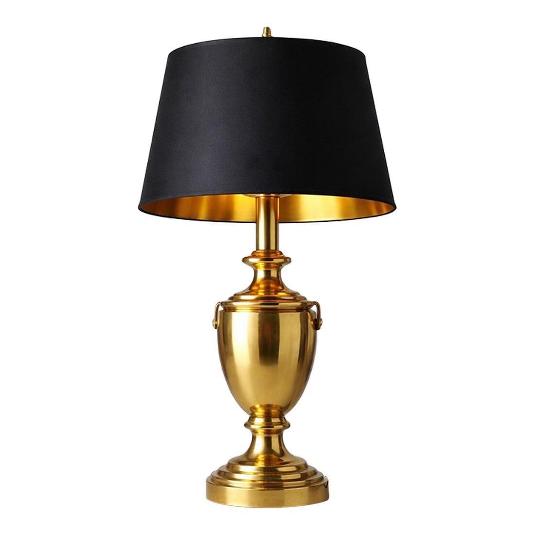 1960s Hollywood Regency Polished Brass Urn Table Lamp With Original Black Shade and Gold Interior (1 of 7)
