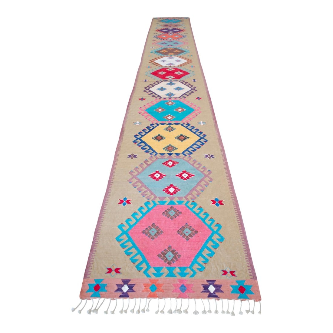 Handmade Silk Flatweave Turkish Kilim Stair Runner Rug Gallery Runner - 3"²1"³ X 25"²: This distinguished vintage kilim from the 1960s represents the authentic textile traditions of the Akdeniz (Mediterranean) region, specifically handcrafted by the Barak tribe of Antalya. Woven on