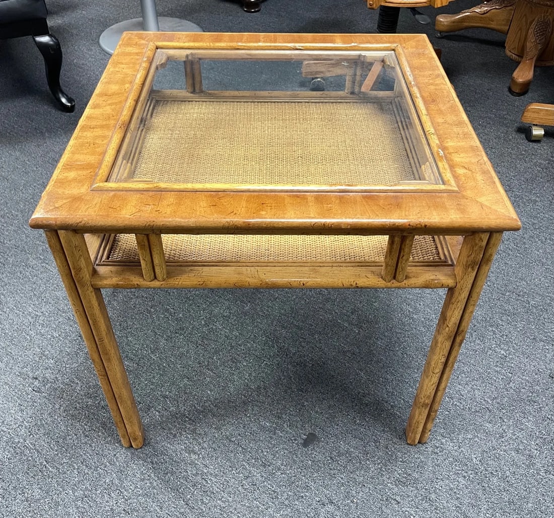 Vintage Drexel Captiva Faux Bamboo Woven Rattan Glass Top Side Table - 2
