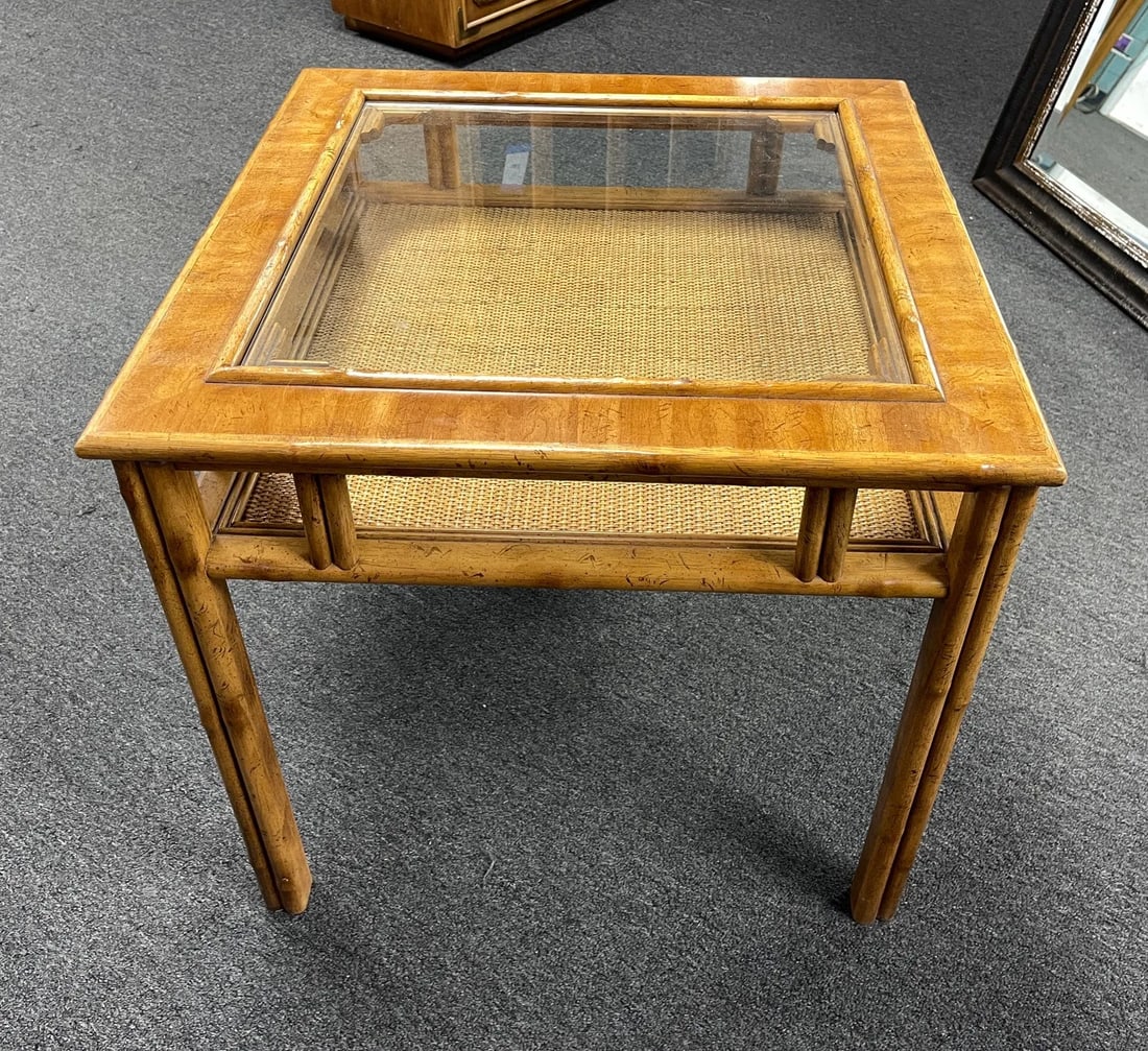 Vintage Drexel Captiva Faux Bamboo Woven Rattan Glass Top Side Table - 9