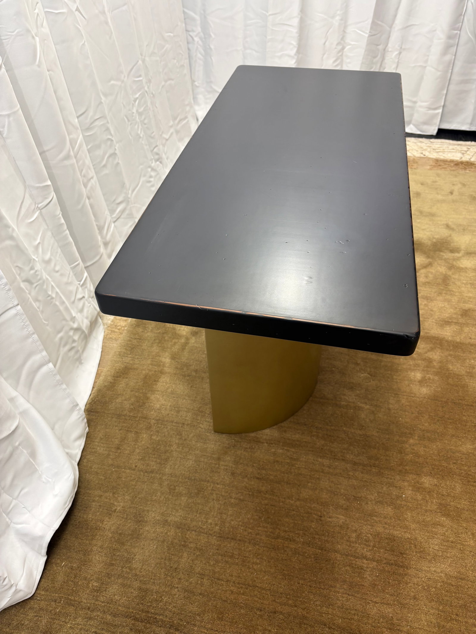 Custom Console Table Attributed to Arhaus Distressed Black Painted Top | Gold Dauphine Pedestal Base - 11