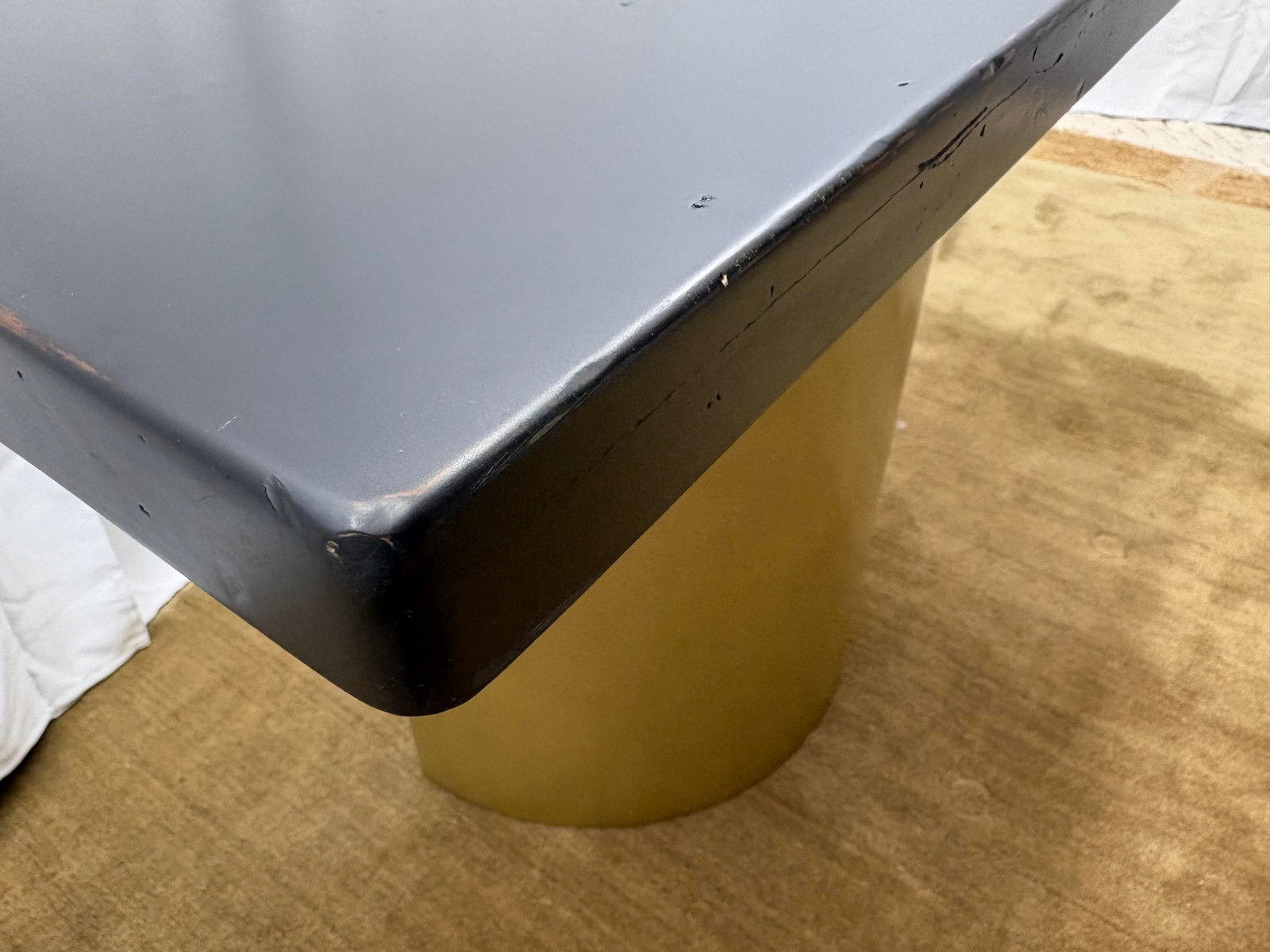 Custom Console Table Attributed to Arhaus Distressed Black Painted Top | Gold Dauphine Pedestal Base - 14