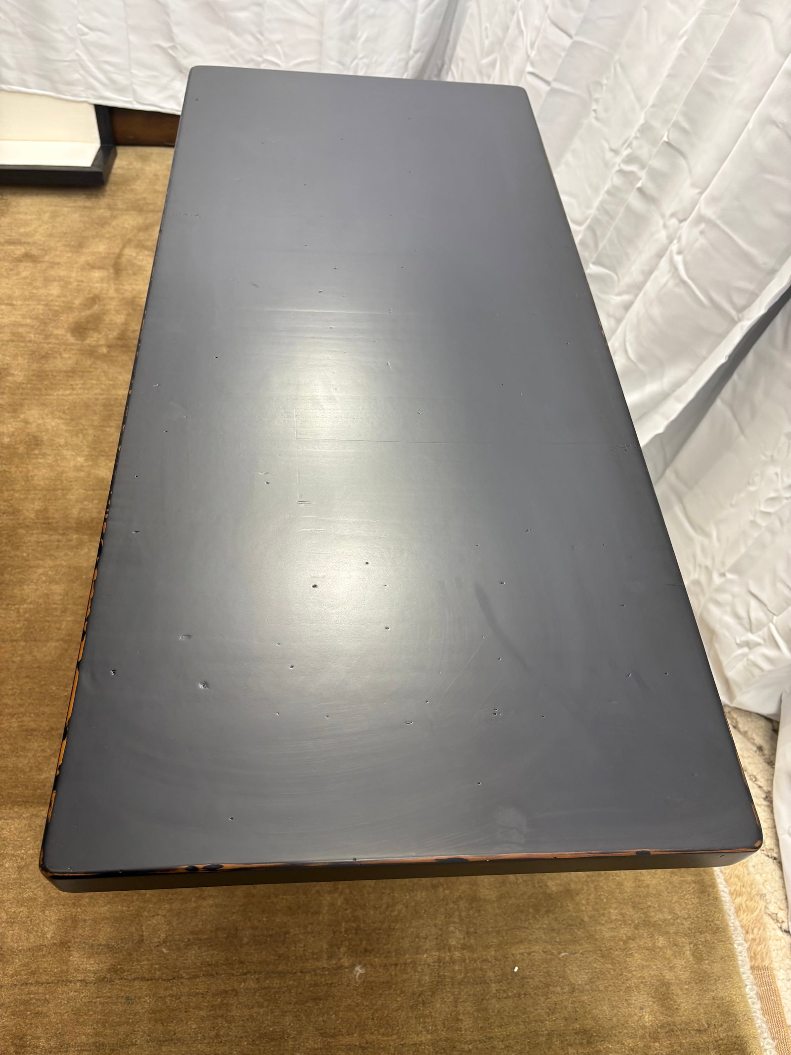 Custom Console Table Attributed to Arhaus Distressed Black Painted Top | Gold Dauphine Pedestal Base - 17