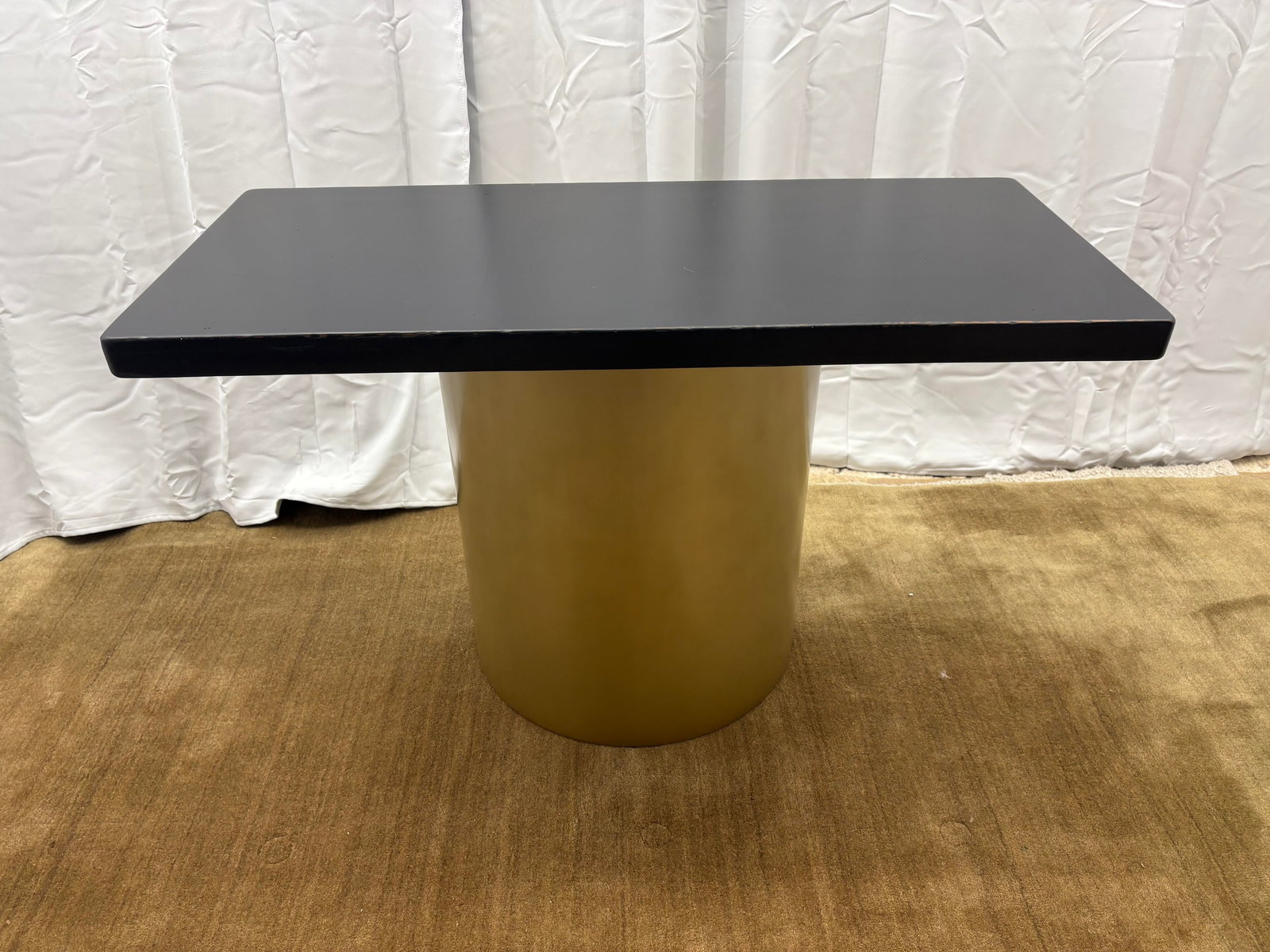Custom Console Table Attributed to Arhaus Distressed Black Painted Top | Gold Dauphine Pedestal Base - 6