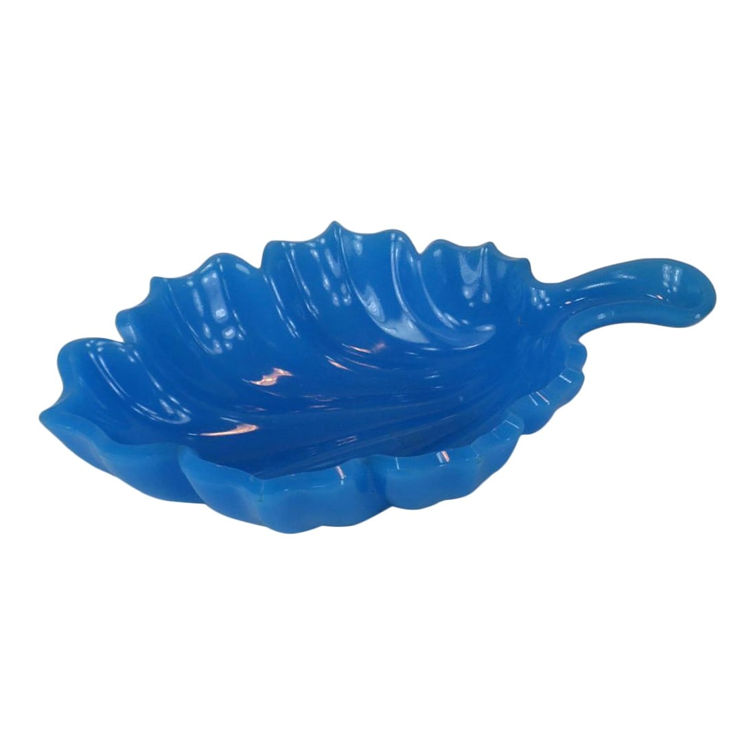 Dish FRENCH BLUE GLASS Leaf Mouth Blown & Hand Cut 19thC.: This vintage "French Blue" glass leaf mouth-blown candy dish from the 19th century is a beautiful and elegant addition to any collection. Handmade and Mouth-Blown, this decorative piece features a