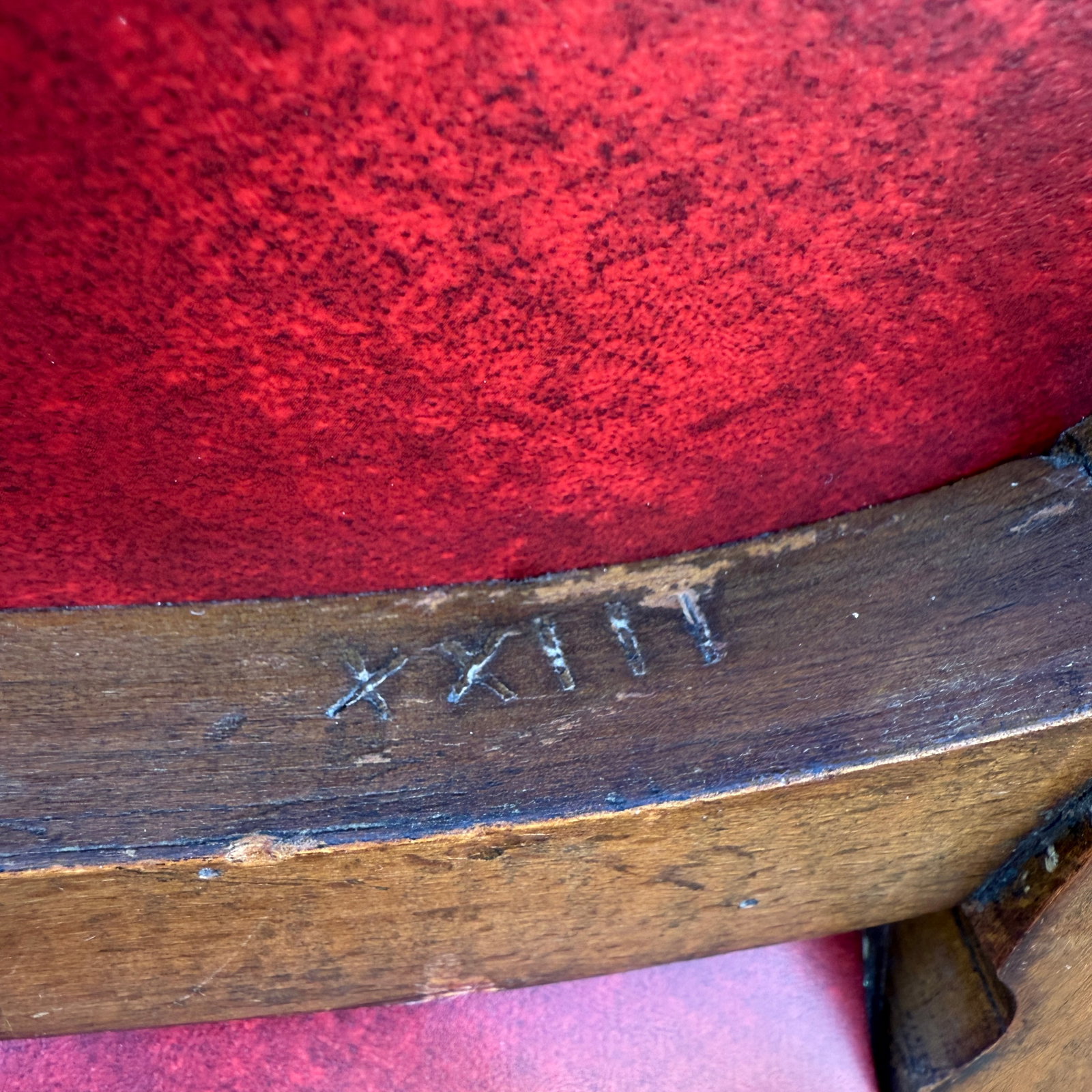 Mid 20th Century Tacked Red Vinyl & Fruitwood French Louis XV Fauteuil Dining Chairs - Set of 3 - 12