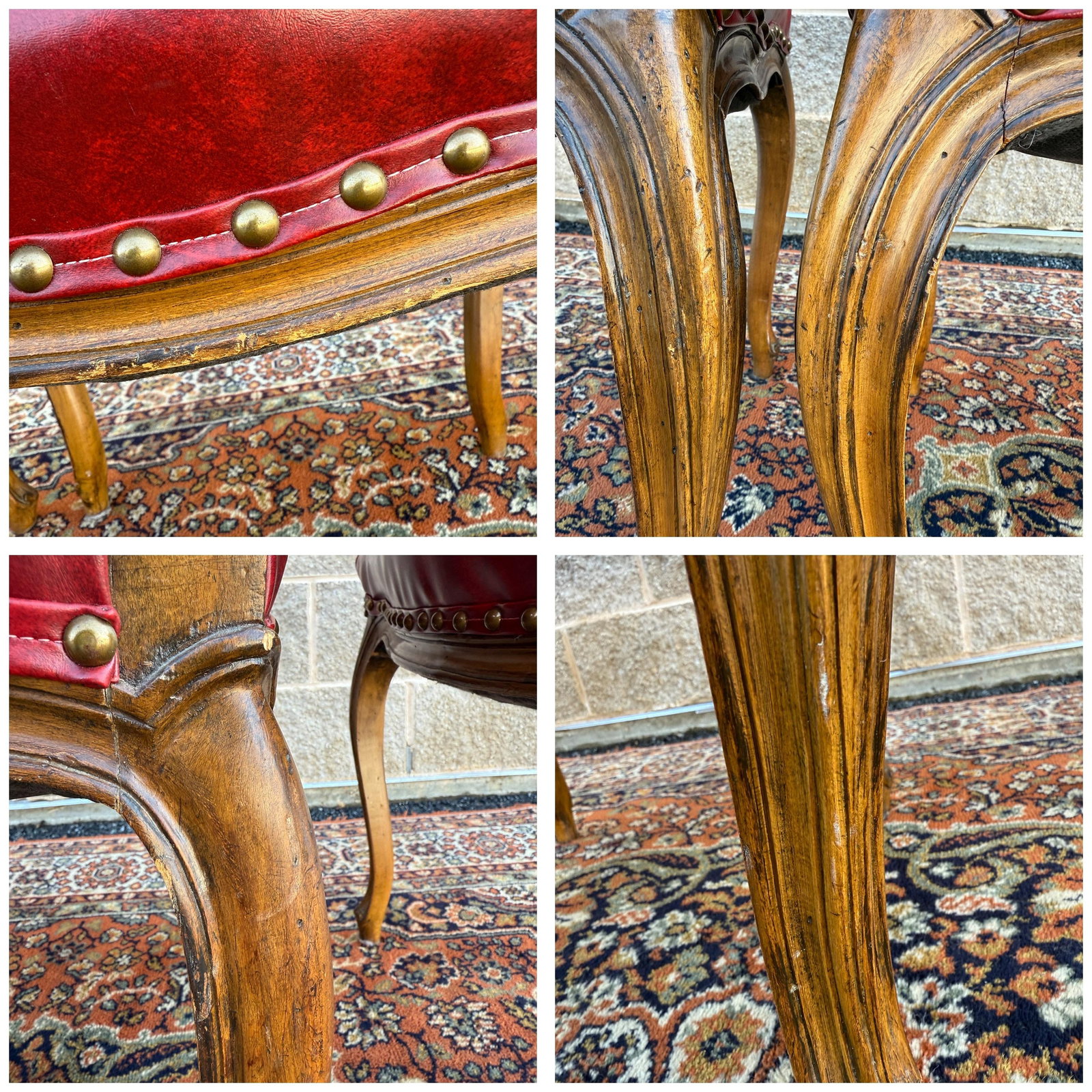 Mid 20th Century Tacked Red Vinyl & Fruitwood French Louis XV Fauteuil Dining Chairs - Set of 3 - 15