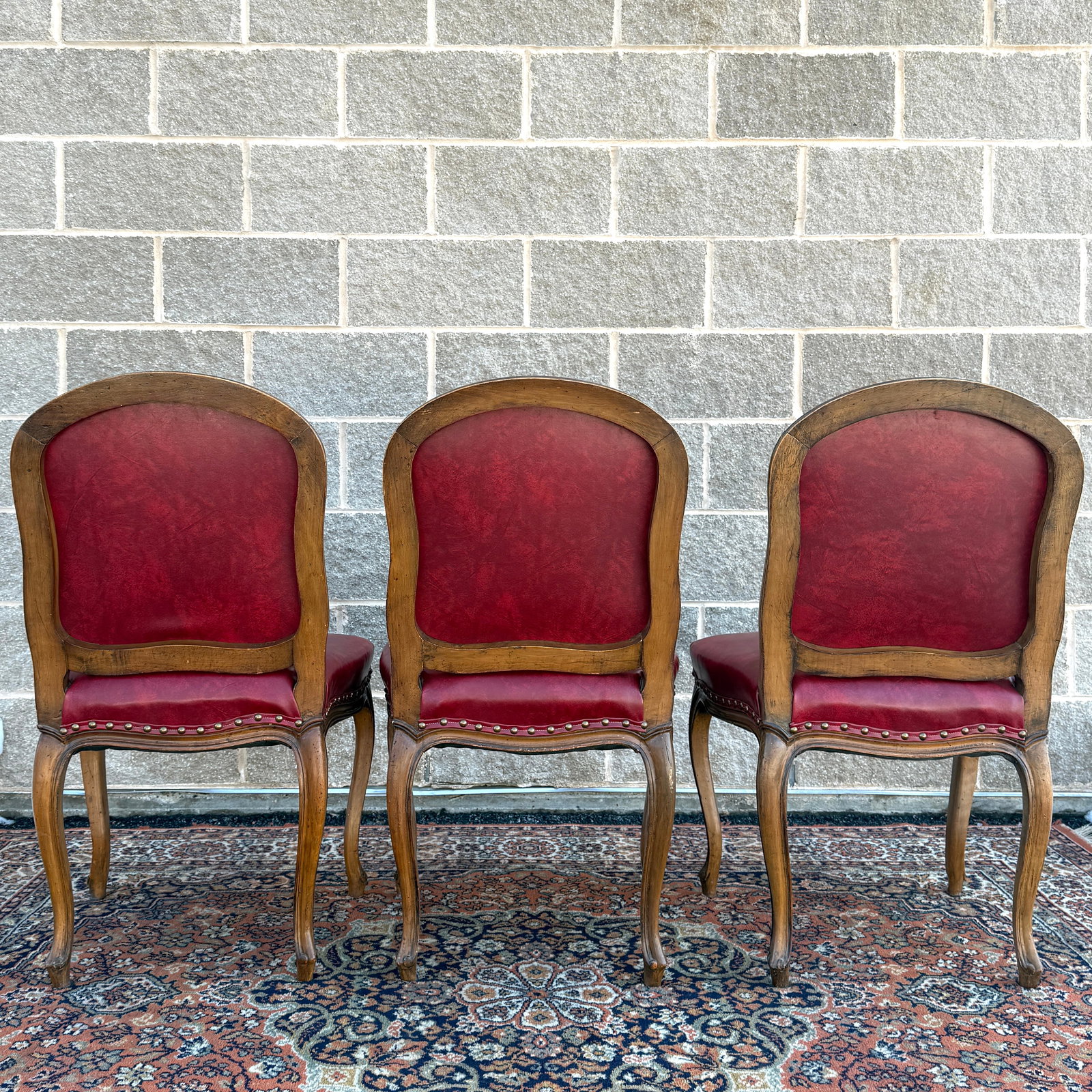 Mid 20th Century Tacked Red Vinyl & Fruitwood French Louis XV Fauteuil Dining Chairs - Set of 3 - 9