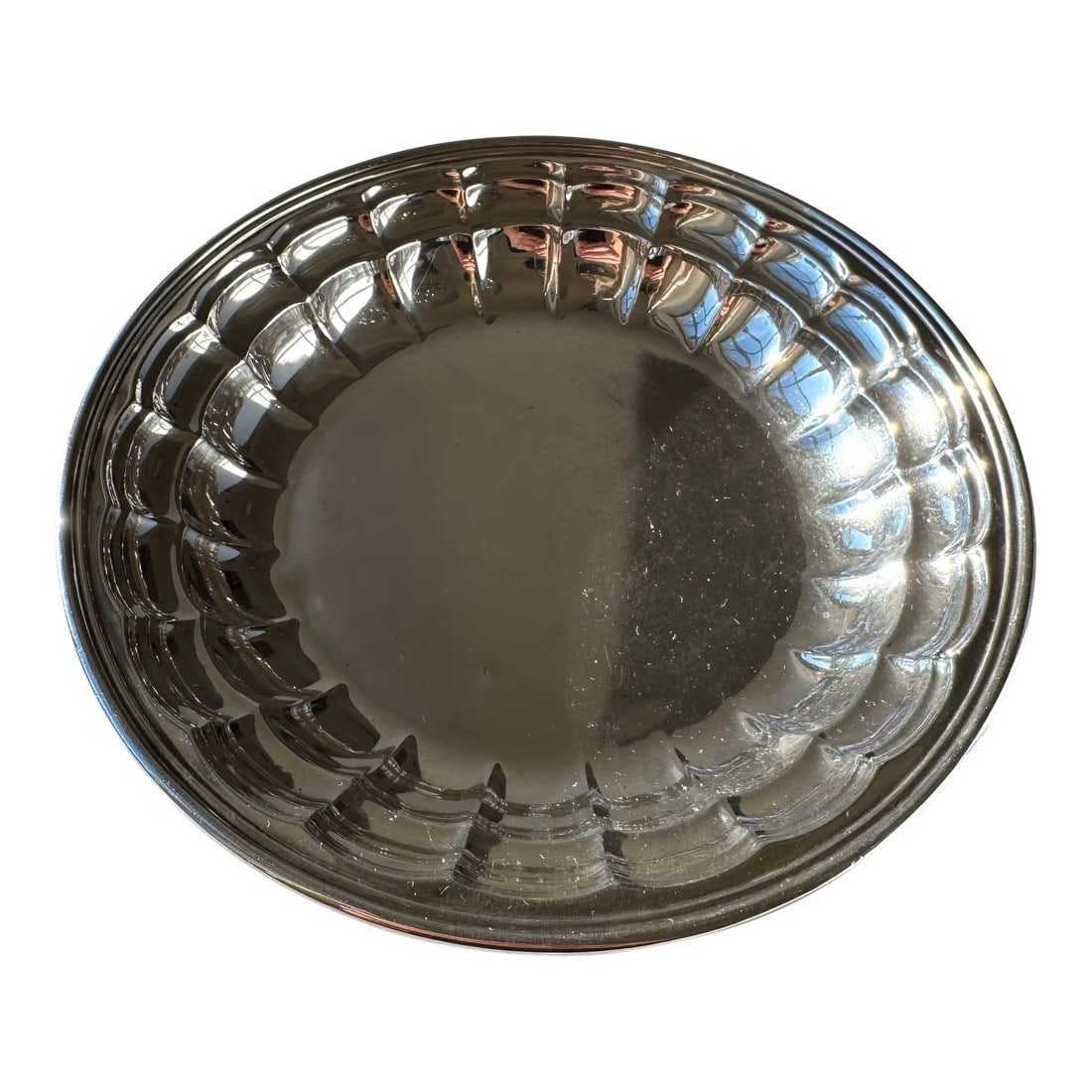 Vintage Sterling Silver Bowl With Fluted Rim, Marked 391: A finely crafted vintage sterling silver bowl, marked "391," showcasing an elegantly fluted rim and a smooth, mirror-polished interior well. The restrained silhouette and balanced proportions reflect