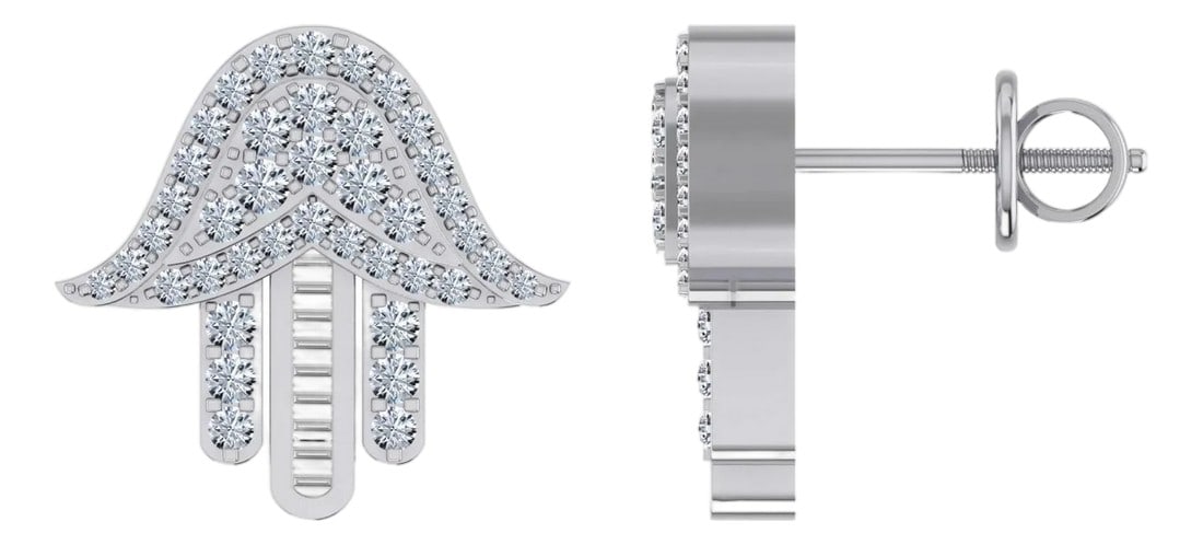10K White Gold Round Diamond Hamsa Hand Religious Stud Earrings 1/4 Cttw, A Pair (1 of 2)