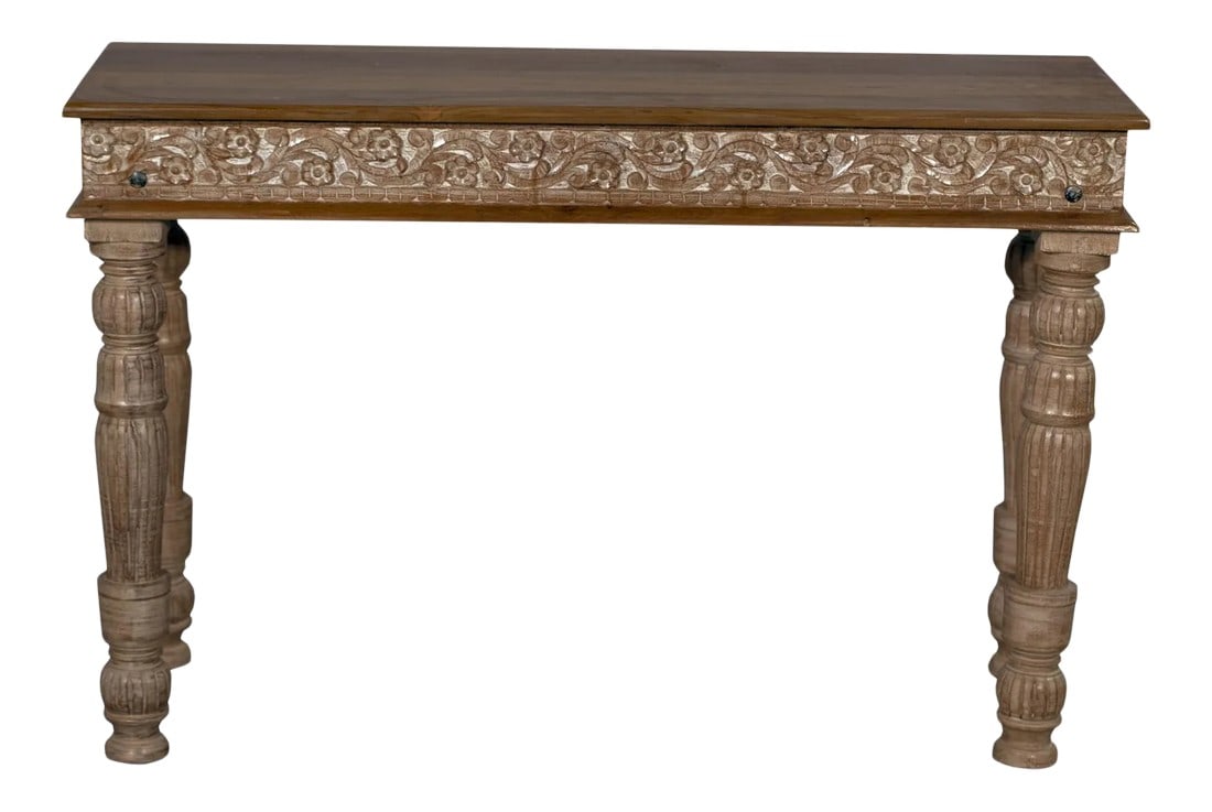 Mid Century Modern Solid Wood Carved Distressed Console | Farmhouse Coastal Entry Hallway Table | Tr: Dimensions: 47"³wide X 16"³deep X 31"³high The listed dimensions are measured from one extremity to the other, height wise and width wise. Please contact us for specific dimensions. 
