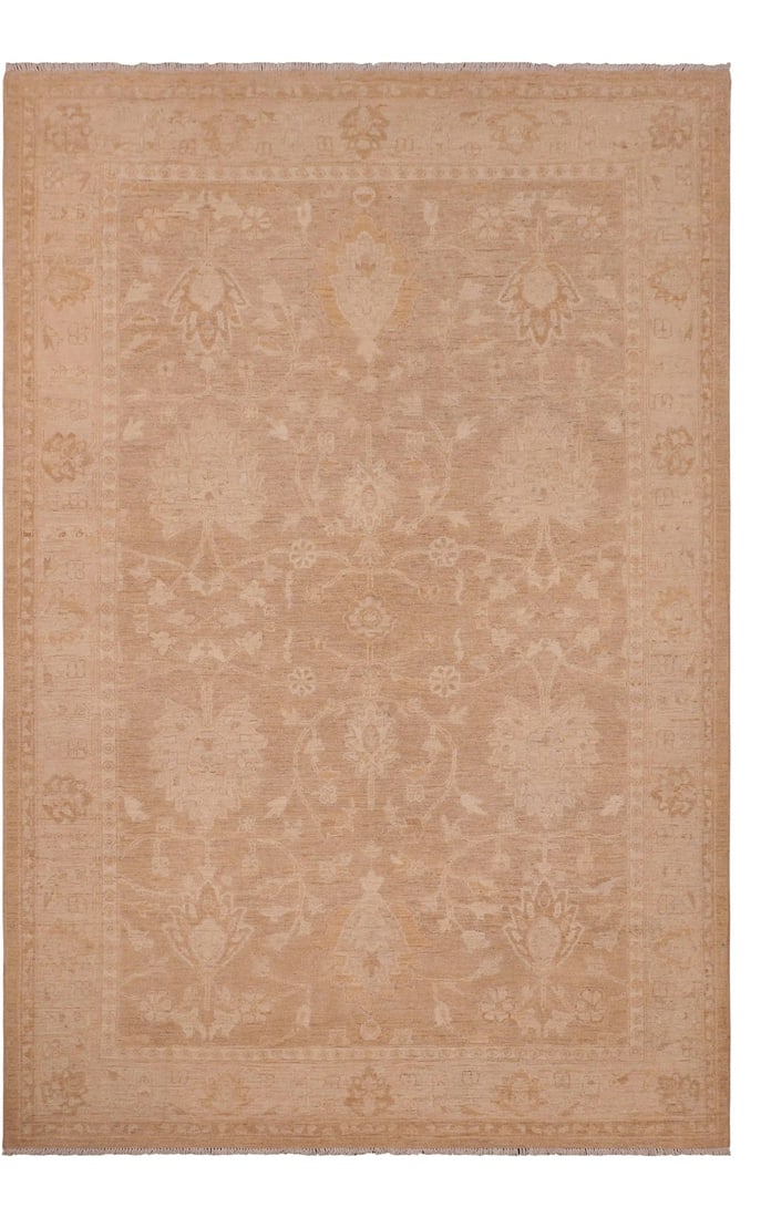 1980s 1980s Bohemian Sun Faded Brown/Tan Hand Knotted Wool Rug - 6'1" X 9'1": A Persian influenced Turkish hand knotted rug made by skilled artisans capable of creating the most exceptional vegetable dyes and hand-spun New Zealand wool. This gorgeous one of a kind Peshawar