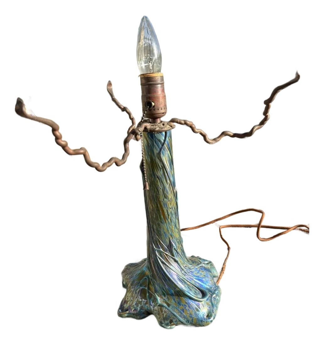 1970s Signed Tom Arnold Phoenix Studios Iridescent Art Glass Lamp Base: Offered here is an original, signed studio art glass lamp base by Tom Arnold of Phoenix Studios, a well-known American art glass workshop active primarily in the late 1970sÂ–1990s. This