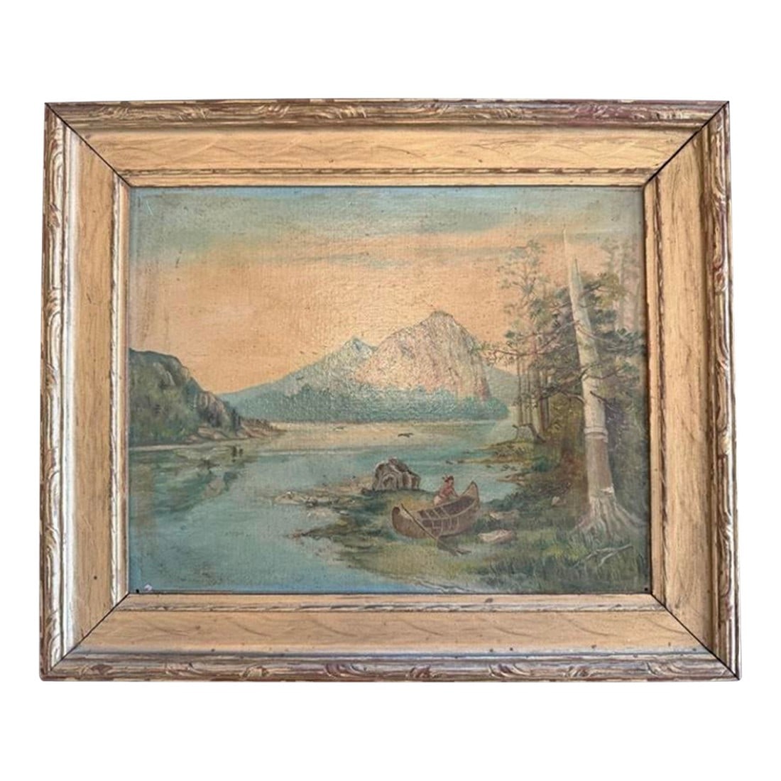 Late-1800s Antique Oil Painting – Indigenous Canoe Scene, Original Frame: An evocative antique oil painting, painted on early composite board rather than canvas and dating to the late 1800s to early 1900s (circa 1895–1910). The scene depicts an Indigenous figure working