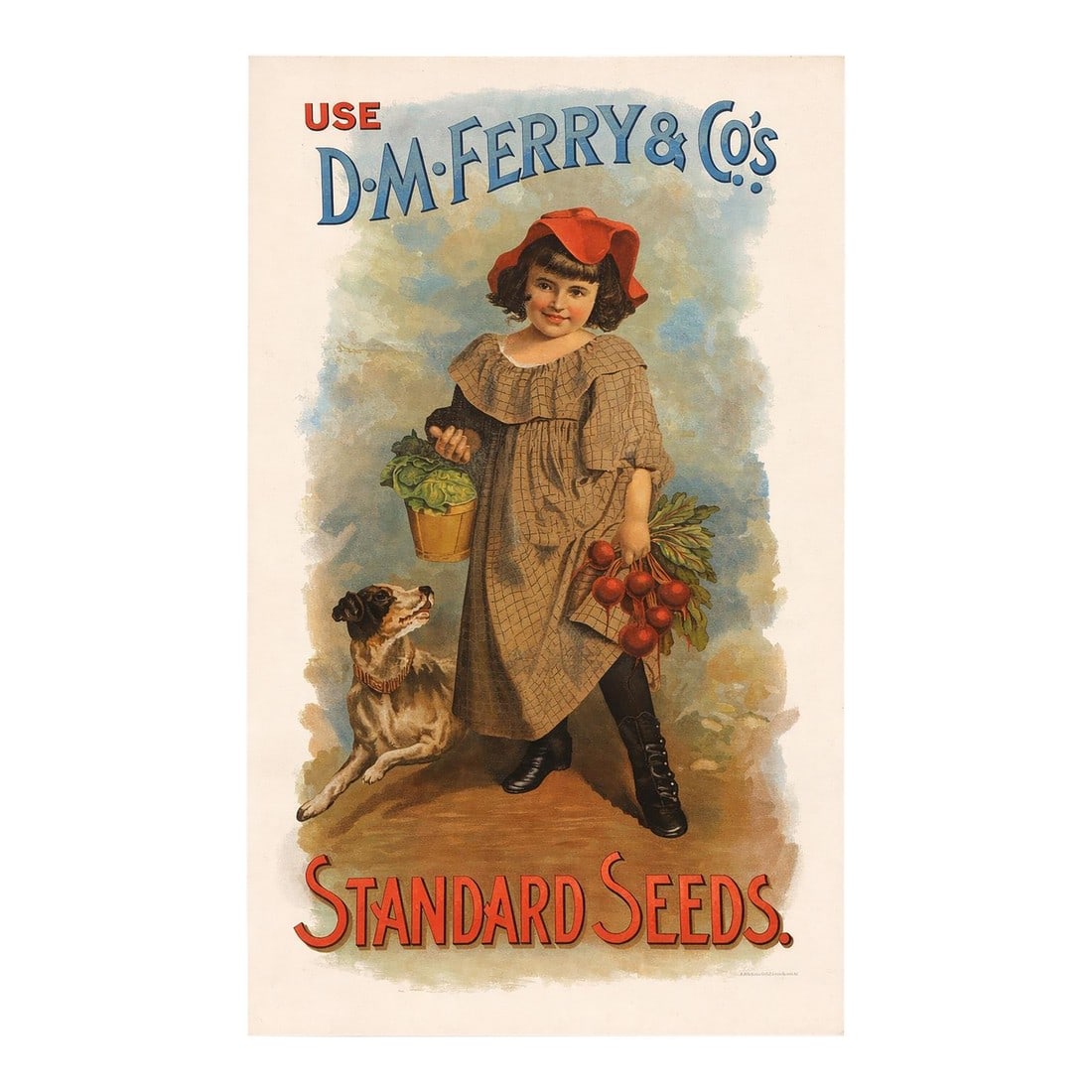 Vintage d.m. Ferry & Co. "Standard Seeds" Advertising Print – Colonial Garden Americana Wall A: A charming turn-of-the-century garden advertising print featuring D.M. Ferry & Co.'s iconic "Standard Seeds" artwork. Rich in Americana character, this nostalgic illustration captures a young girl