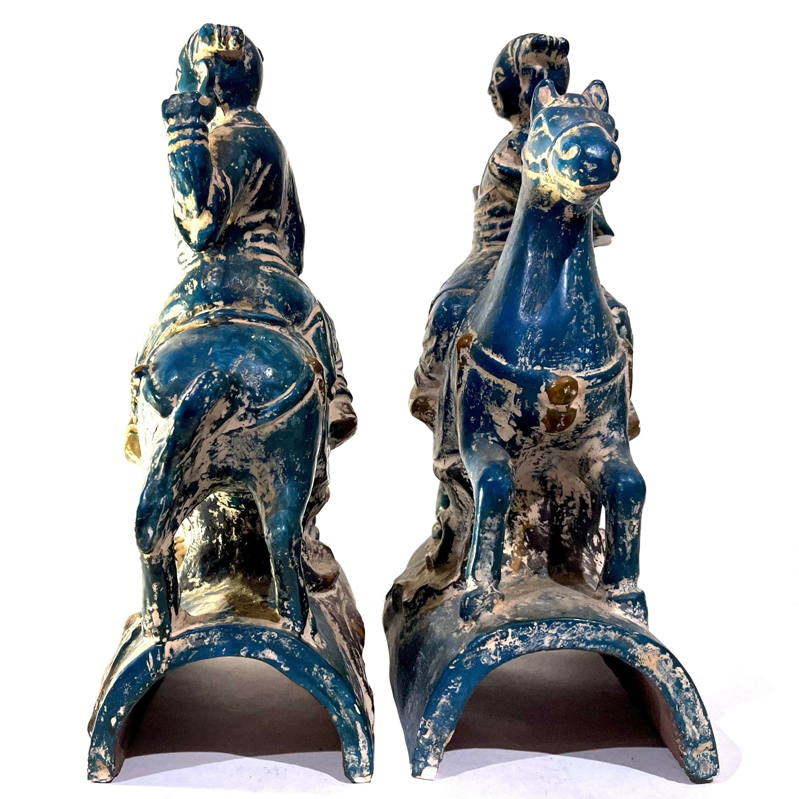 1950's Chinoiserie Stoneware Turquoise Teal Tang Warriors on Horses - Pair - 10