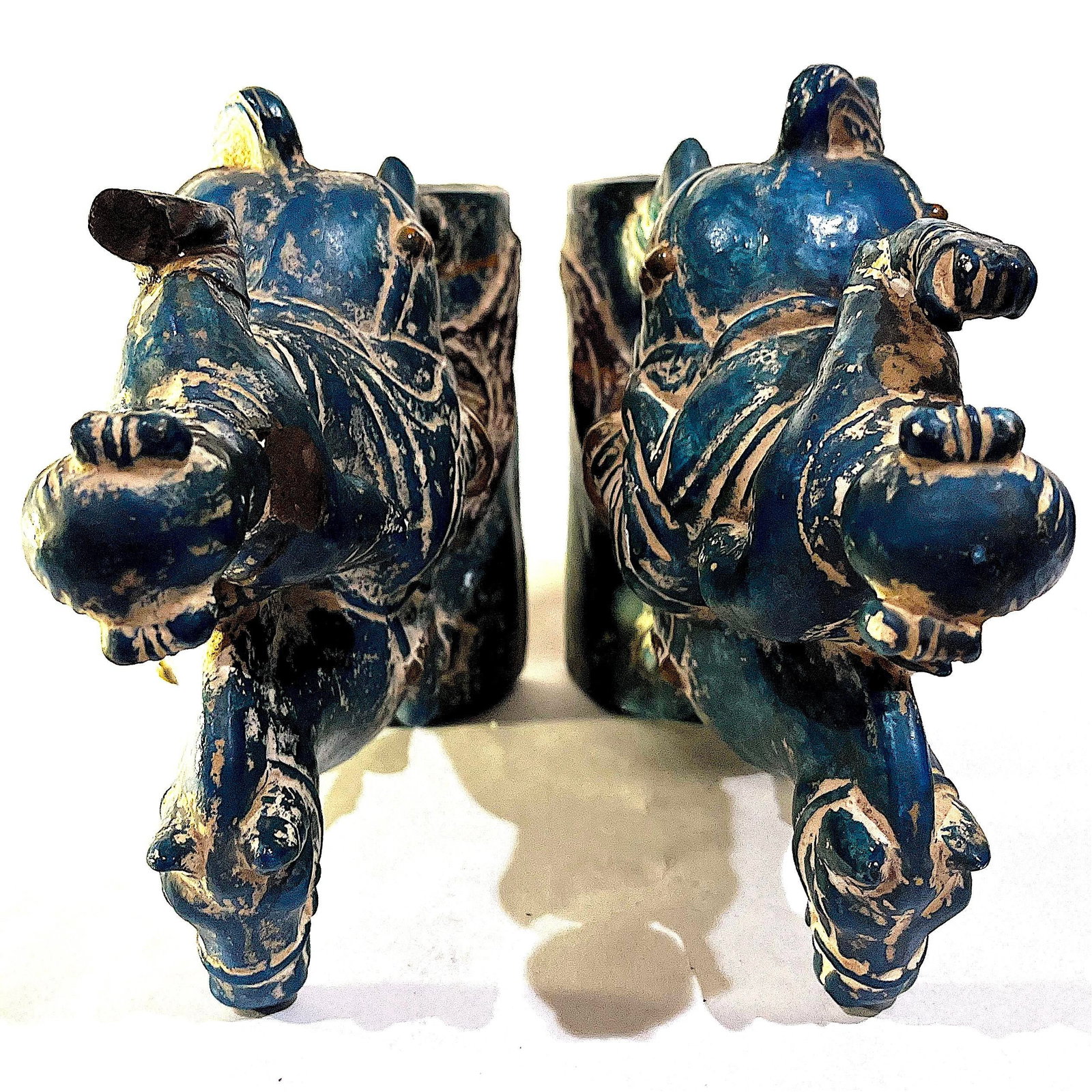 1950's Chinoiserie Stoneware Turquoise Teal Tang Warriors on Horses - Pair - 12