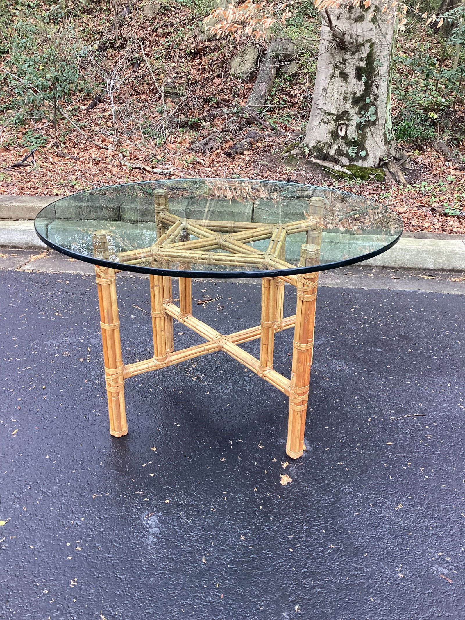 1980s McGuire Attributed Bamboo Rattan Round Dining Table, 48" Glass Top – Organic Modern - 2