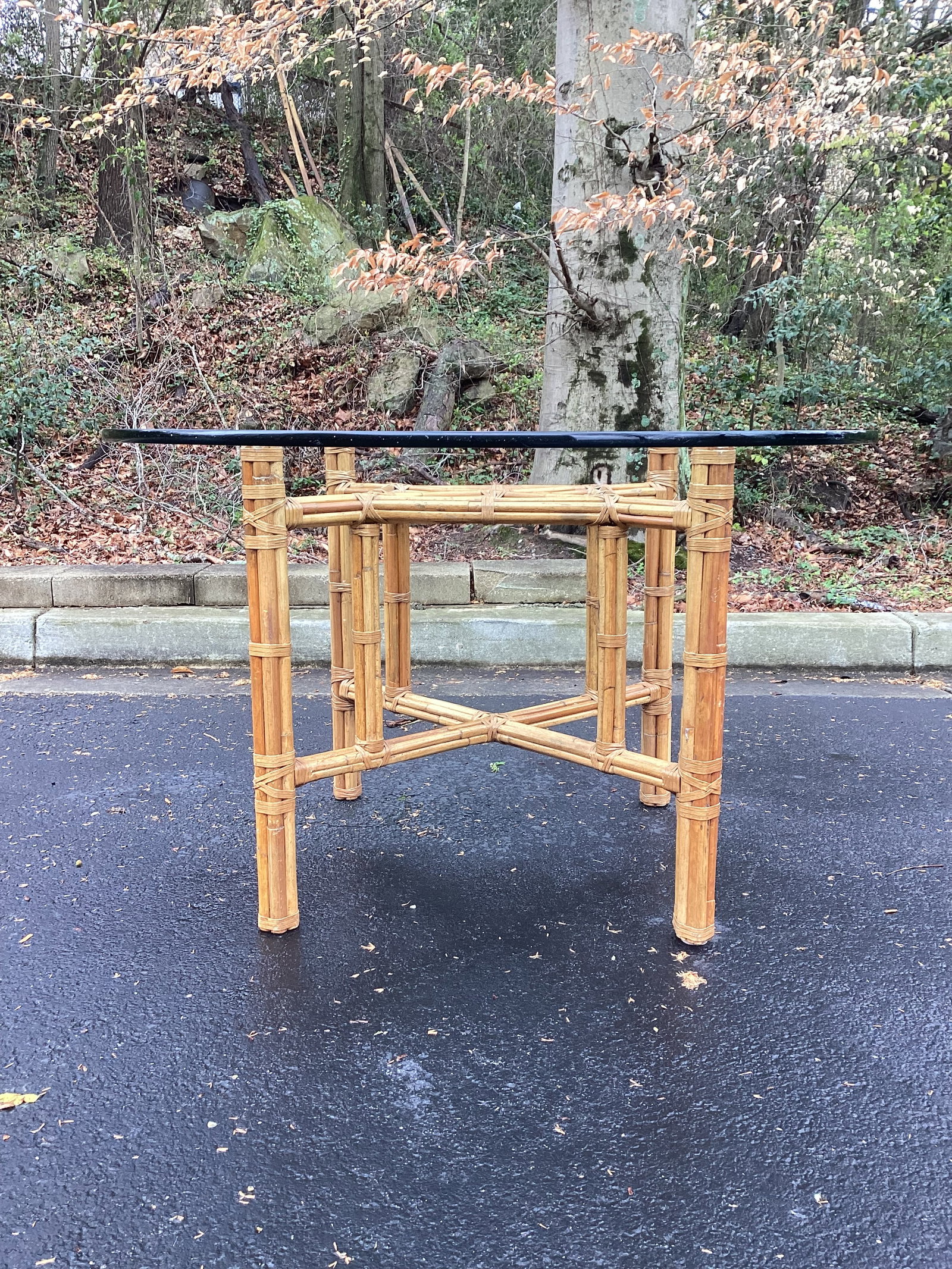 1980s McGuire Attributed Bamboo Rattan Round Dining Table, 48" Glass Top – Organic Modern - 7
