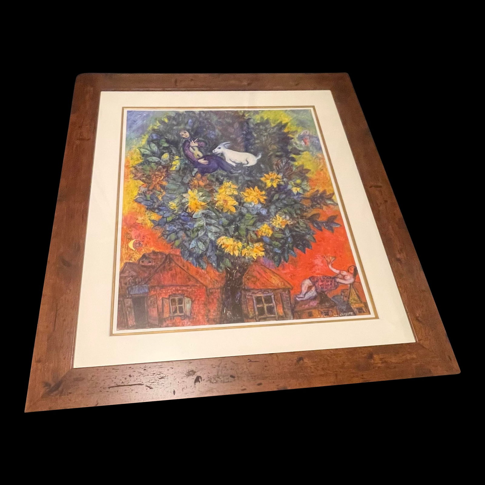 Marc Chagall Signed Framed Lithograph "Autumn in the Village" 1940's Gem: This Marc Chagall signed framed lithograph is a stunning piece of art measuring 34 x 39 inches. The surrealistic and modernist style depicted in this portrait features still life, silhouettes,