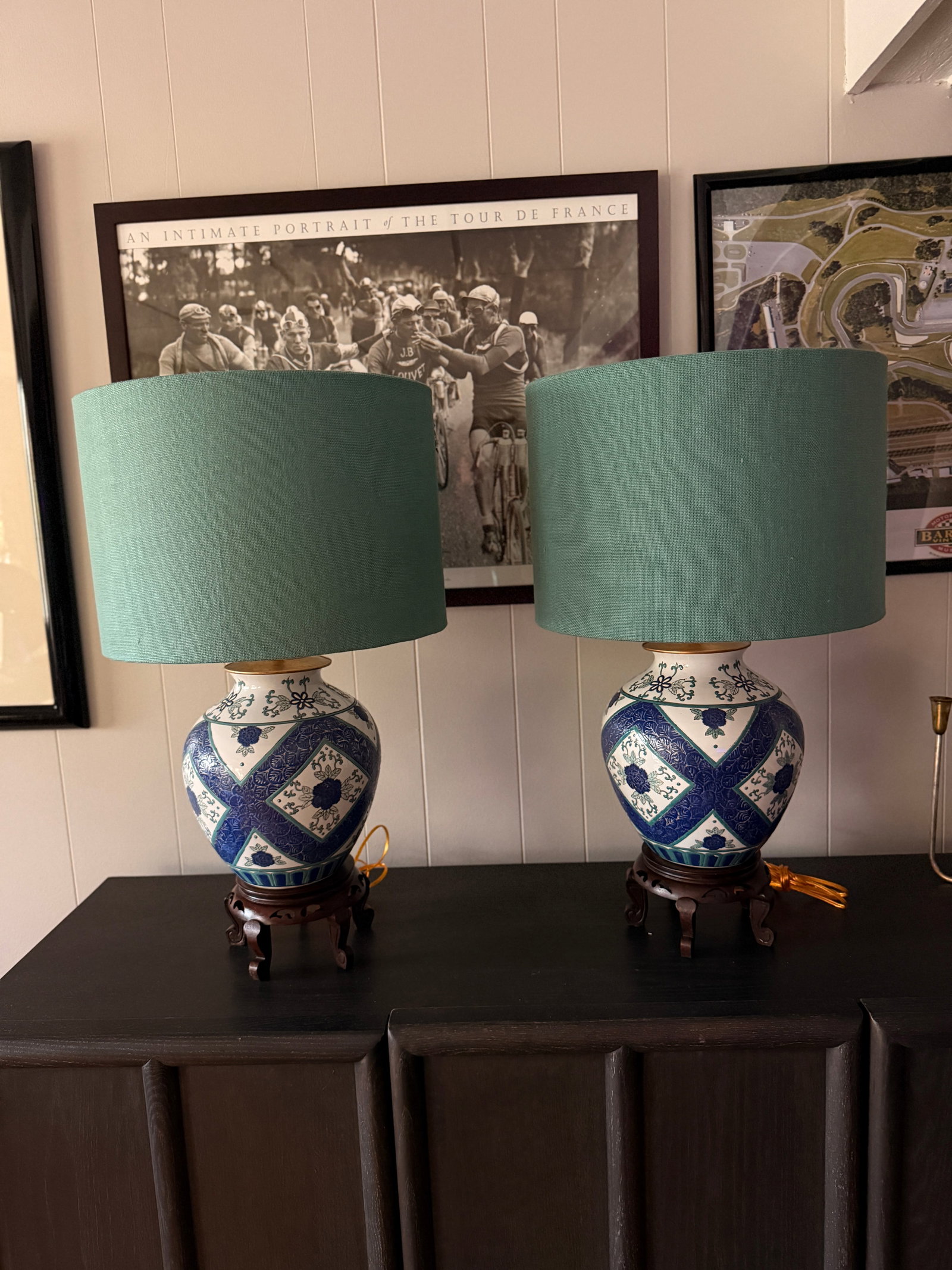 Vintage Blue & White Chinoiserie Ginger Jar Lamps With Custom Teal Linen Shades - a Pair - 11