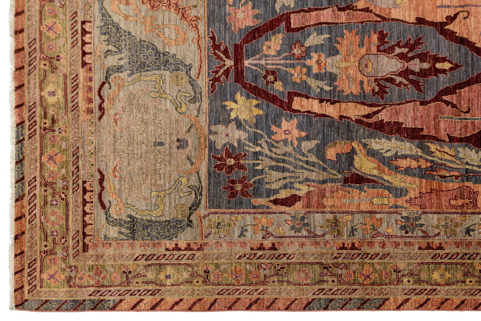 Modern Bidjar Style Hand-Knotted Wool Rug –Botanical Motifs in Blue & Terracotta - 7