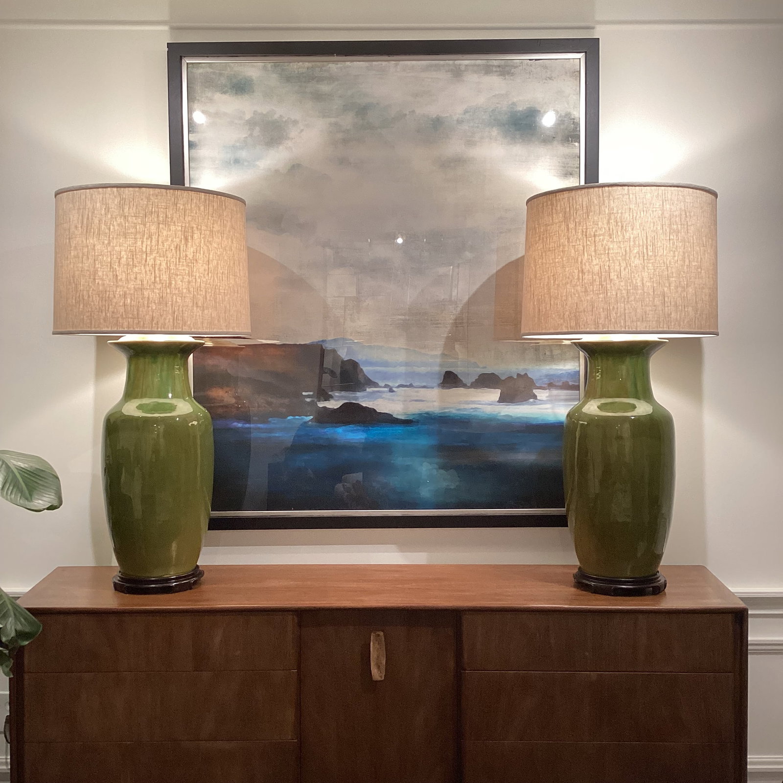 Late 20th Century Hollywood Regency Monumental Olive Green Ceramic Lamps With Satin Brass Hardware a - 11