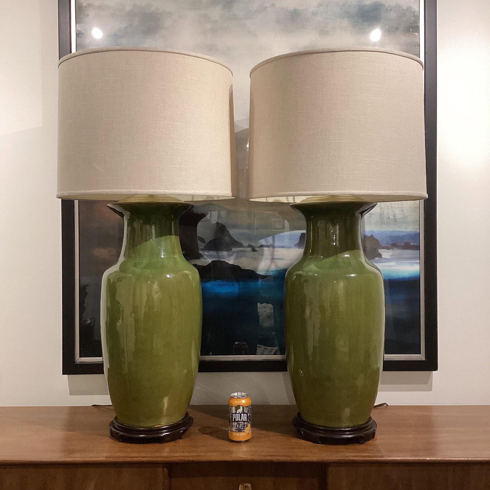 Late 20th Century Hollywood Regency Monumental Olive Green Ceramic Lamps With Satin Brass Hardware a - 2