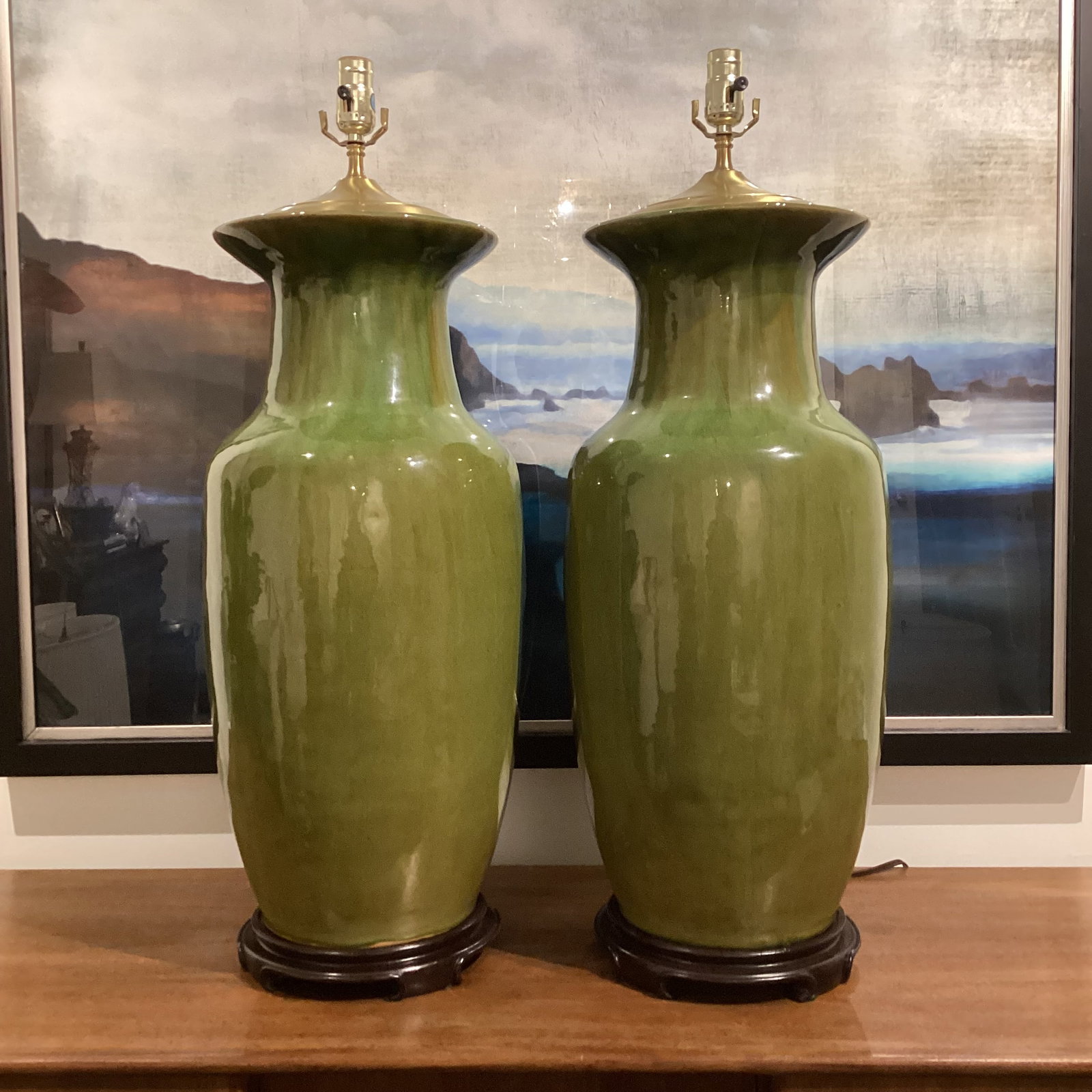 Late 20th Century Hollywood Regency Monumental Olive Green Ceramic Lamps With Satin Brass Hardware a - 3