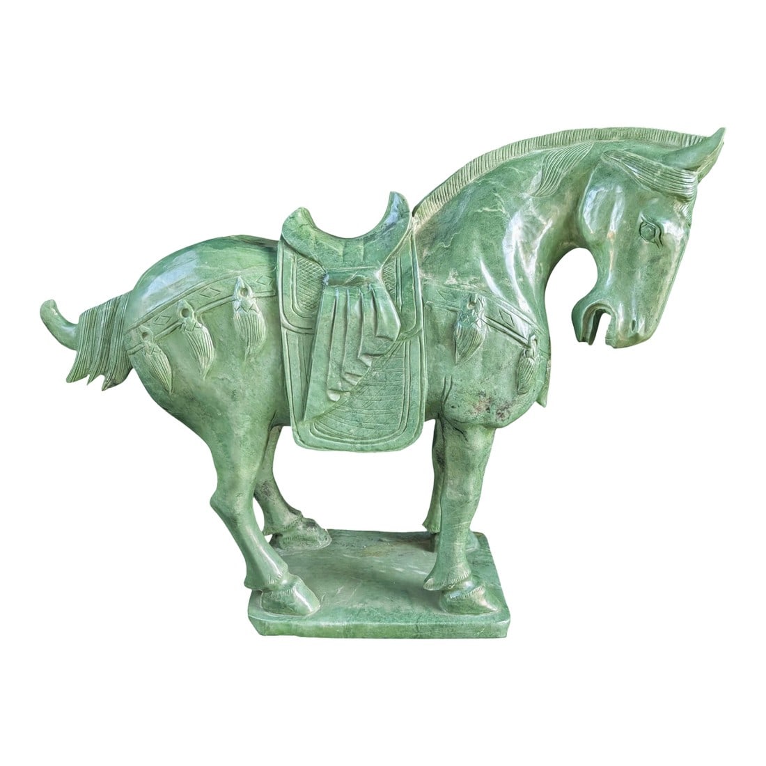 Immense Jade Saddled Chinese Tang War Horse Sculpture: Absolutely immense Taiwanese Jade Saddled Tang War Horse Sculpture. Measuring at 31" long, standing 23" high and 8" deep, this *extremely heavy* piece is a stunner. There are a few dings from age and