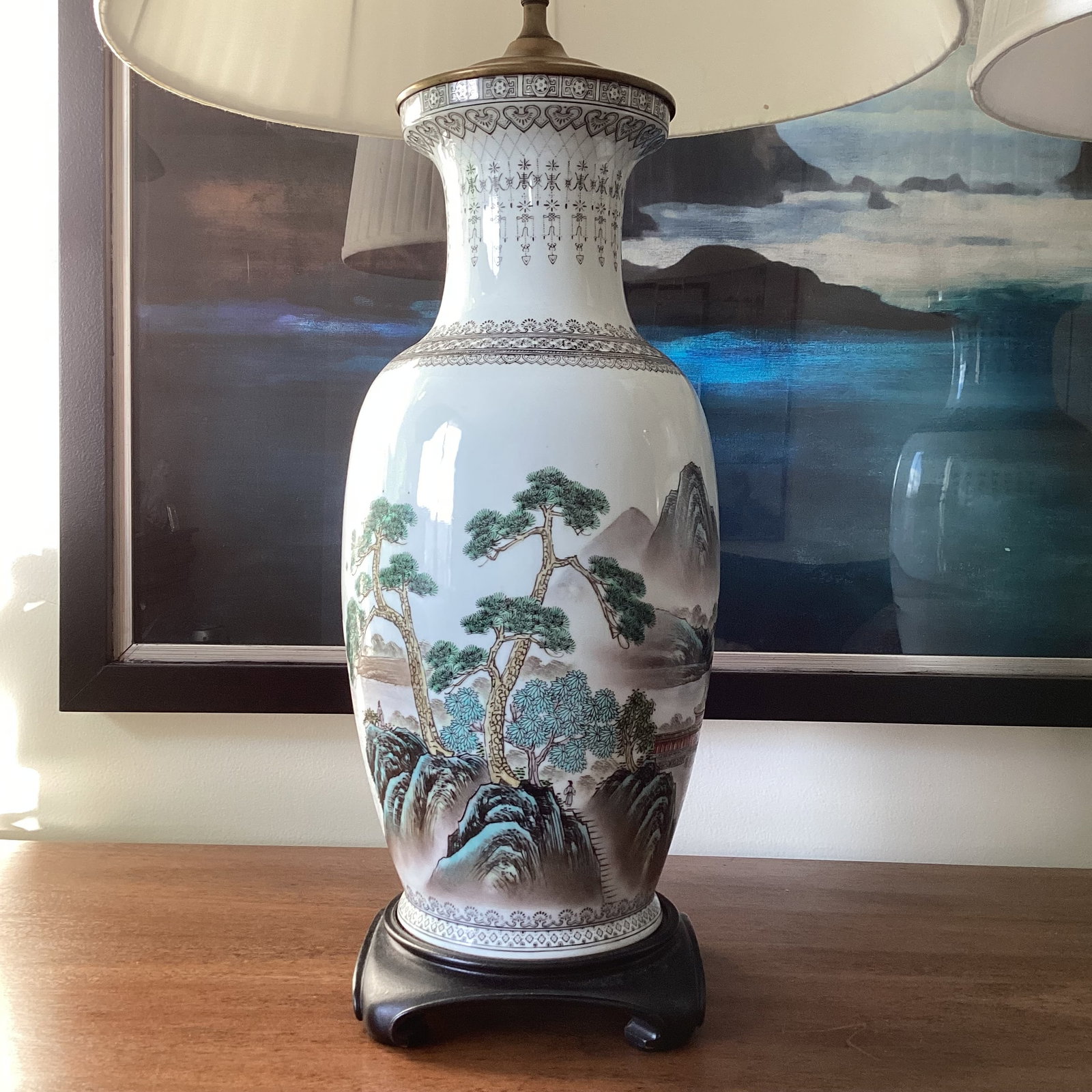 Mid 20th Century Large Chinoiserie Hand-Painted Porcelain Table Lamps With Pleated Shades - a Pair - 2
