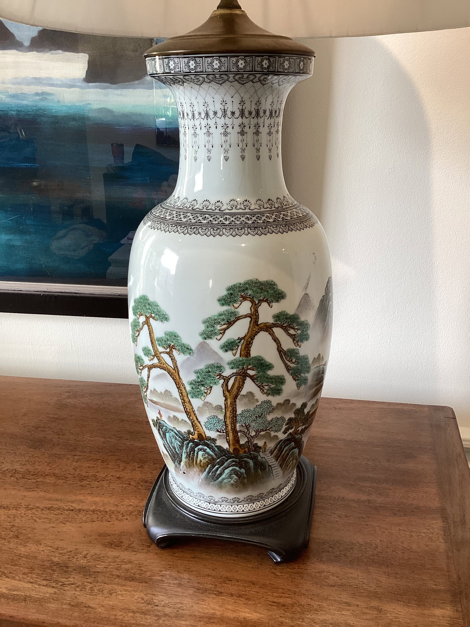 Mid 20th Century Large Chinoiserie Hand-Painted Porcelain Table Lamps With Pleated Shades - a Pair - 3