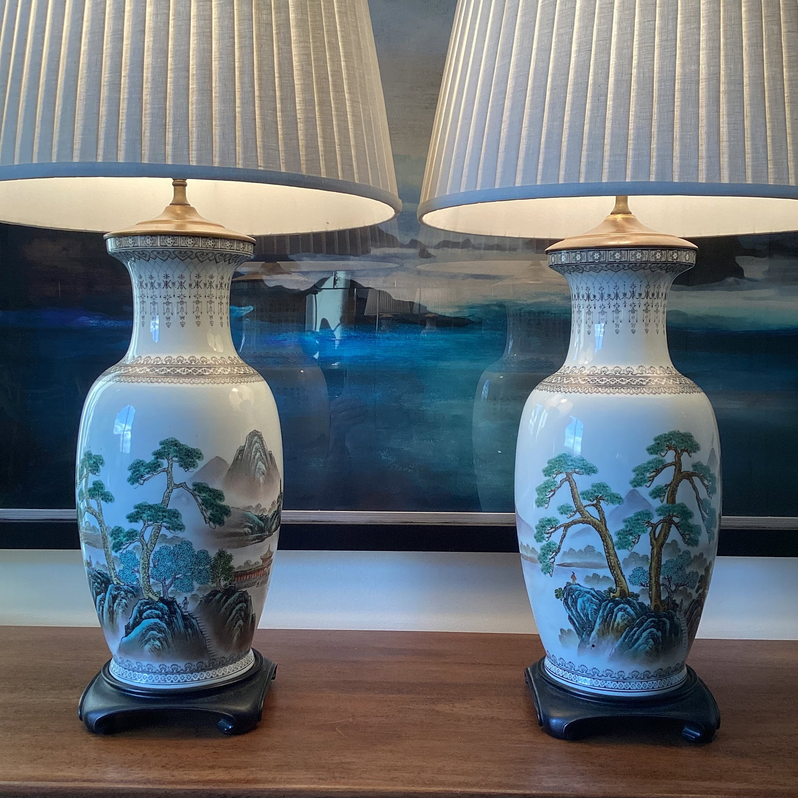 Mid 20th Century Large Chinoiserie Hand-Painted Porcelain Table Lamps With Pleated Shades - a Pair - 4