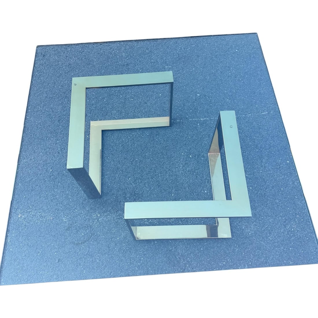 1980s Modern Glass Coffee Table With Brass Geometric Base – Sculptural Minimalist Design - 2