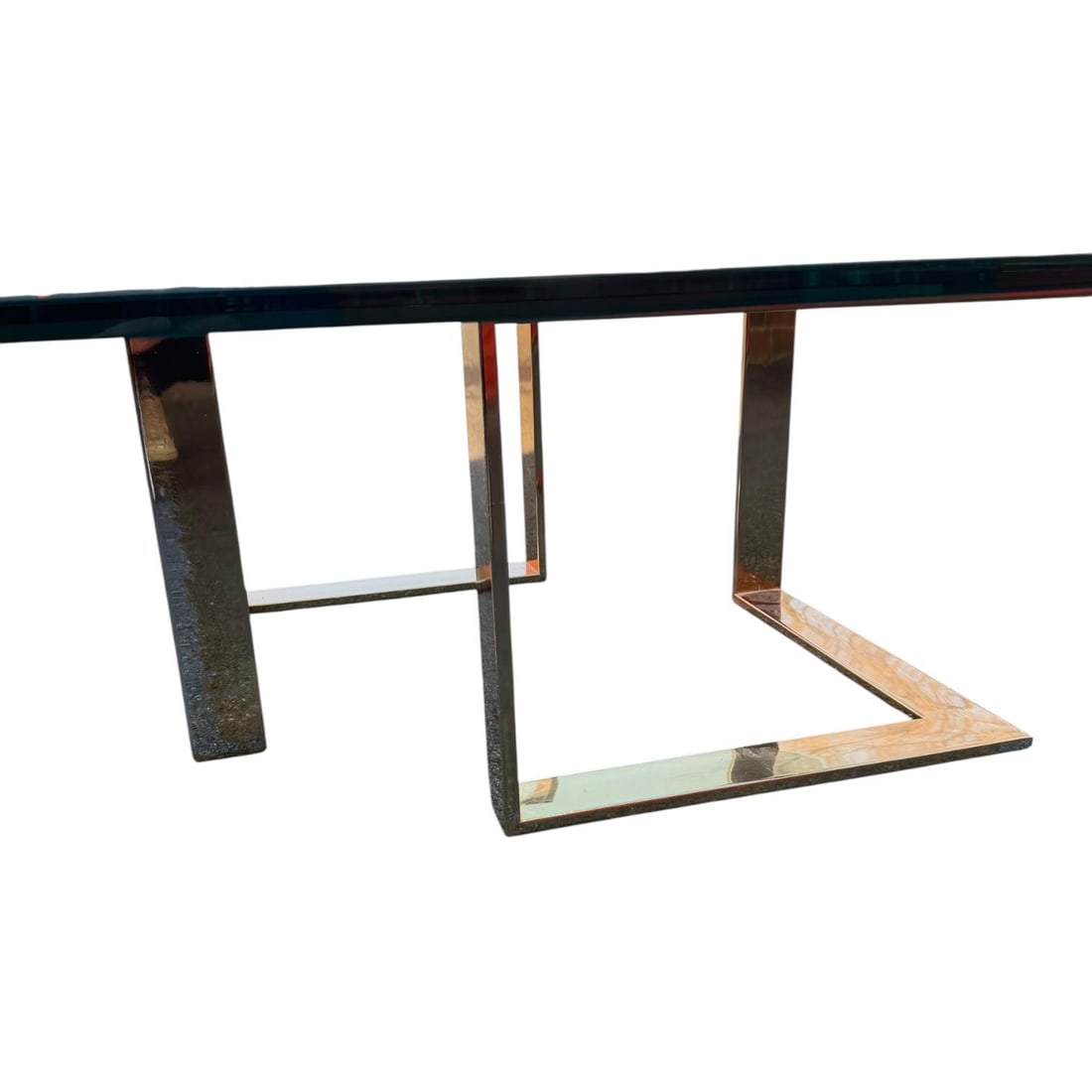 1980s Modern Glass Coffee Table With Brass Geometric Base – Sculptural Minimalist Design - 4