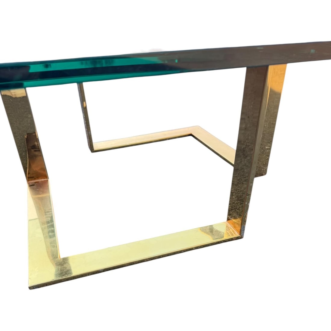 1980s Modern Glass Coffee Table With Brass Geometric Base – Sculptural Minimalist Design - 5