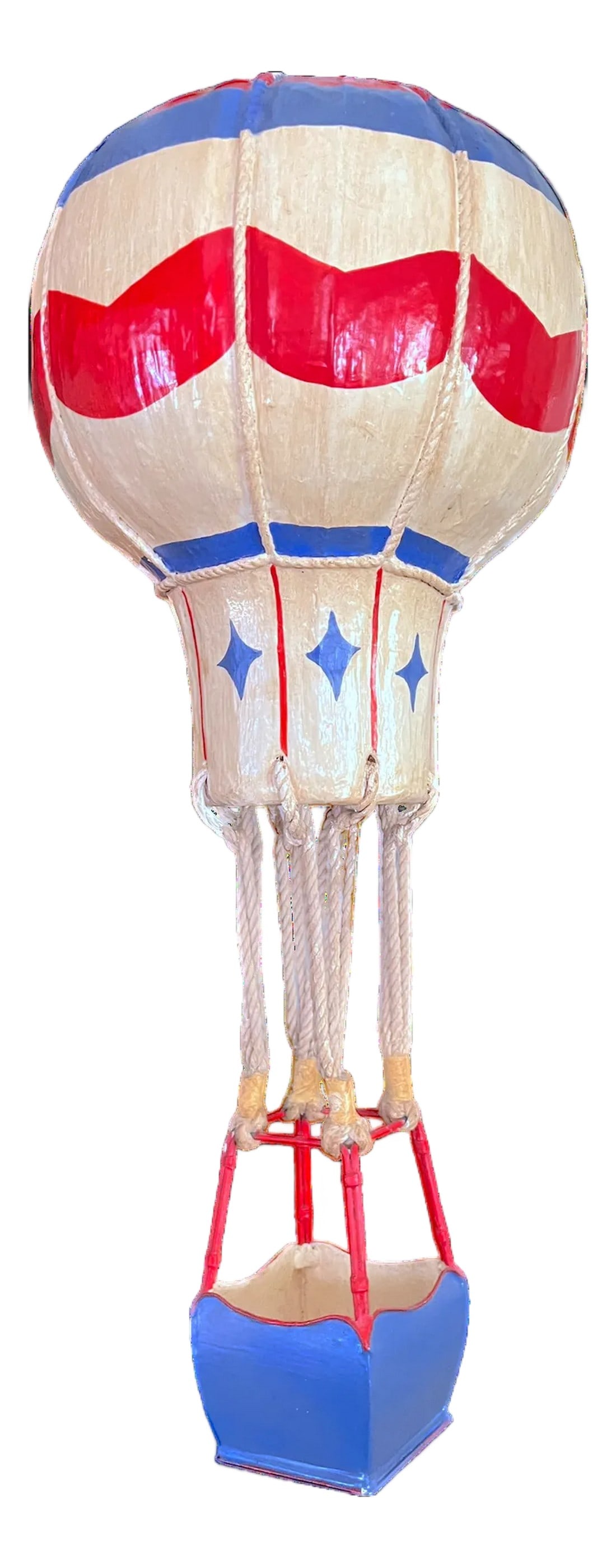 Vintage French-Style Hot Air Balloon Sculpture – Handcrafted Papier-Mâché, Tole &: A poetic and sculptural hot air balloon, handcrafted in papier-mâché with hand-painted detailing and rope rigging, evoking the romance of early aeronautical forms and the charm of the Paris flea