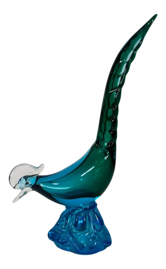 Mid Century Murano Teal Peacock: Stunning Murano peacock in the coveted mid-century teal colors. Height 14 3/4", 6" beak to bottom of tail, 4 1/2" base diameter 10" including tail Condition: Alterations: Original Condition