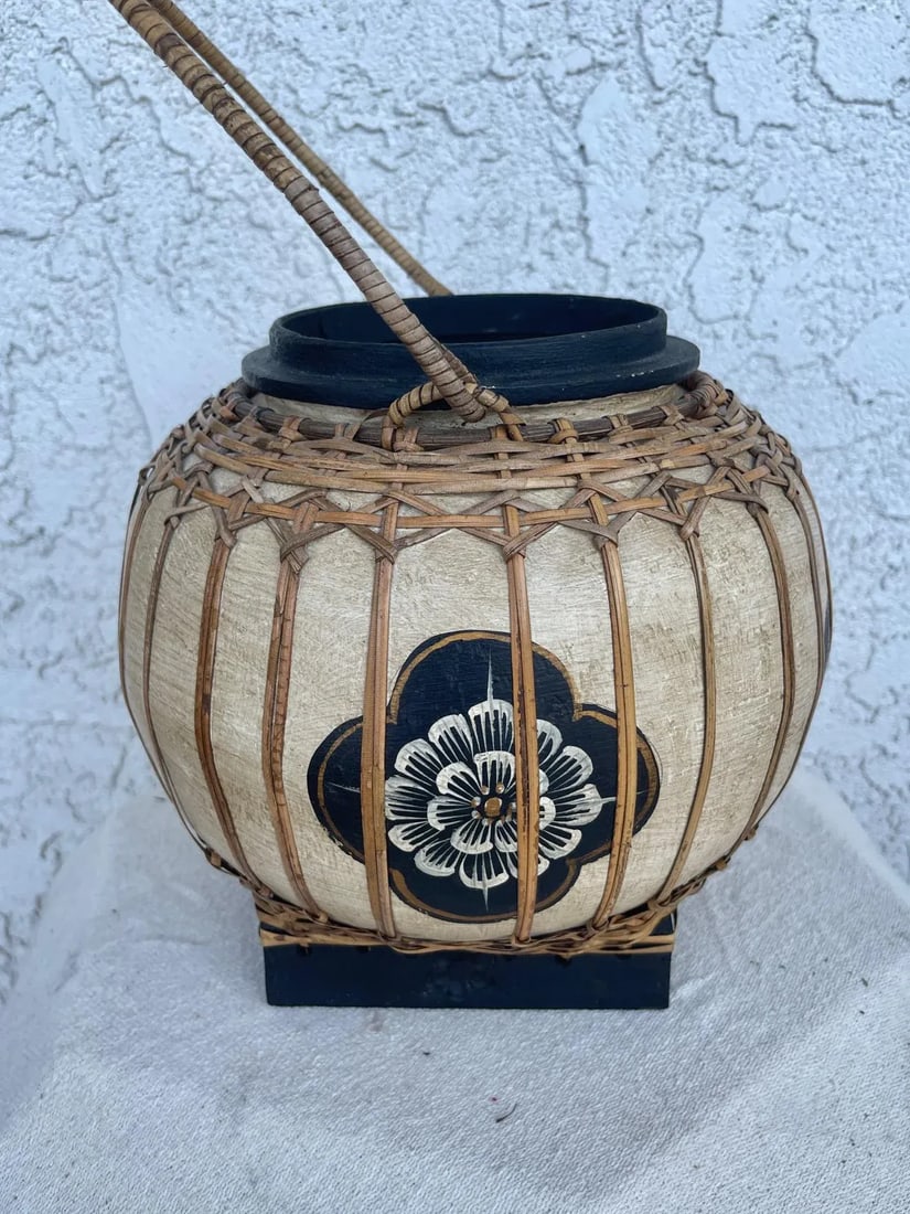 Vintage Asian Paper Mache Rattan Wrapped Container With Handle - 2