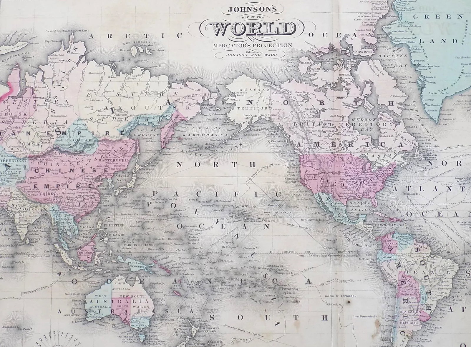 1864 Map of the World on Mercator Projection by Johnson - 3