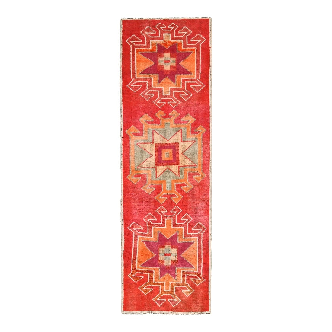 Vintage Turkish Hand-Knotted Wool Cotton Red Runner Rug: Vintage Turkish Hand-Knotted vintage rug is a semi-antique vintage runner rug.'70s Eastern region of Turkey's unique rug is perfectly hand-knotted by the artisan. This special piece of art has very