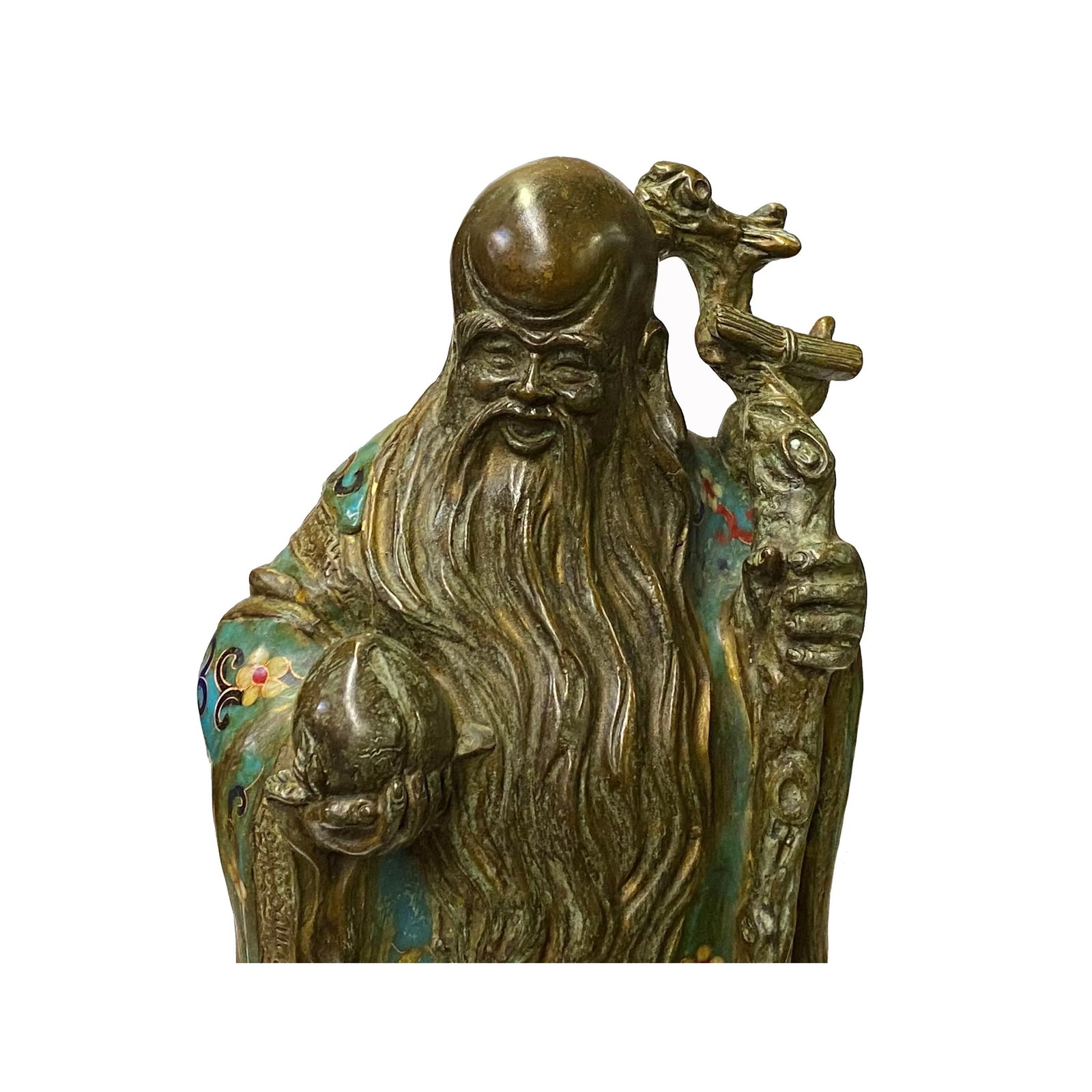 Vintage Metal Blue Yellow Enamel Cloisonné Fok Lok Shou Statue Set - 11