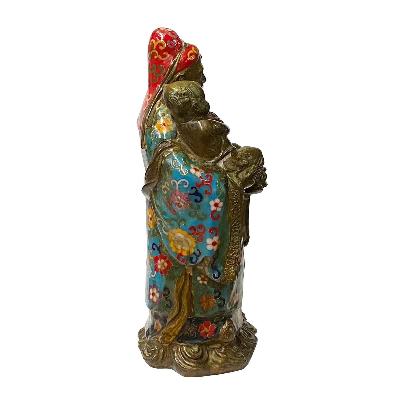 Vintage Metal Blue Yellow Enamel Cloisonné Fok Lok Shou Statue Set - 3